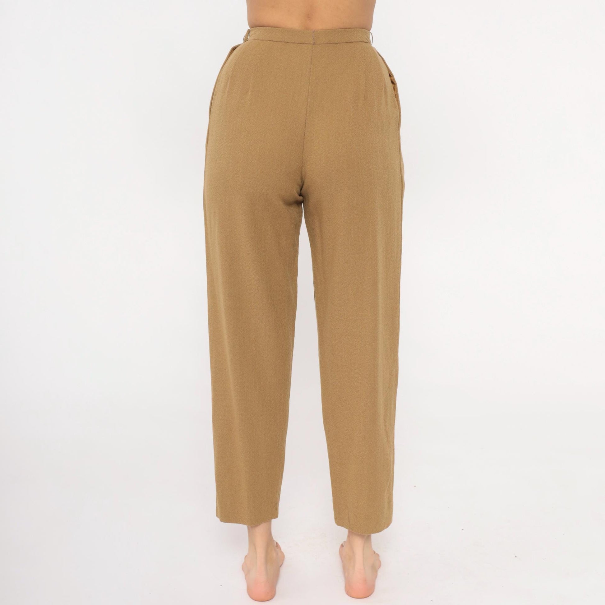 80s Tan Pleated High-Waist Wool Trousers Tapered Ankle Crop Extra Small