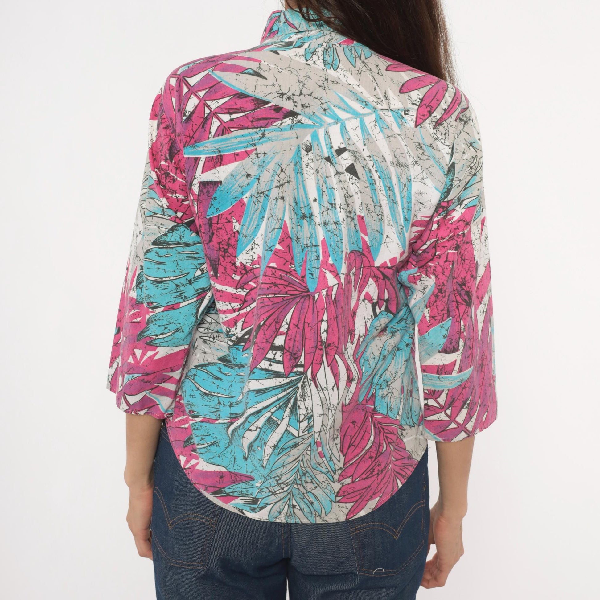 90s Tropical Batik Button Blouse Pink Teal Palm Leaf Three Quarter Sleeve Medium M