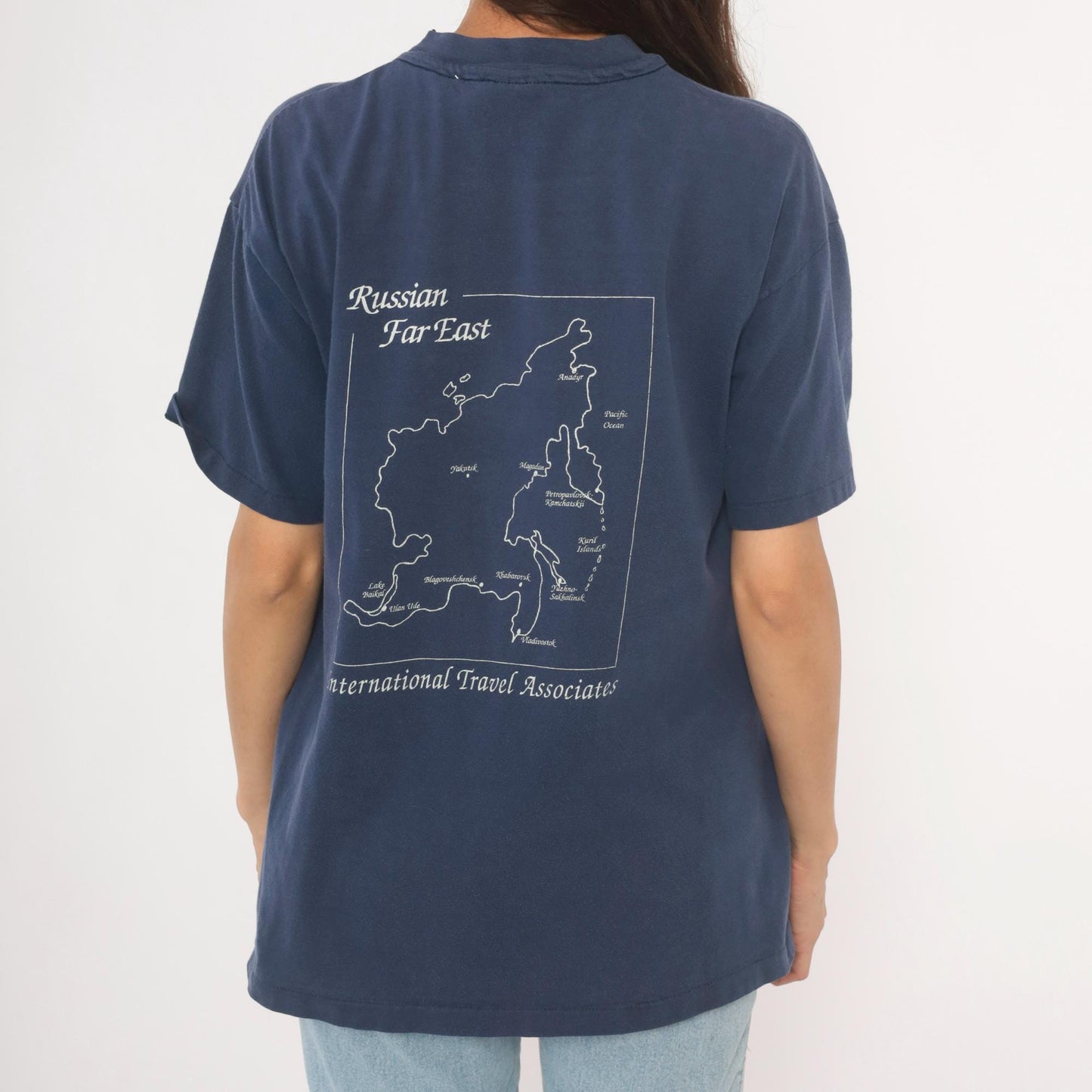 90s Hanes Beefy Russian Far East Navy Graphic Tee Map Unisex Large