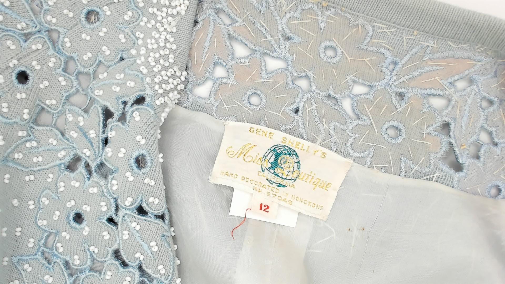 80s Miss Boutique Baby Blue Beaded Cardigan Cutwork Floral Knit Small