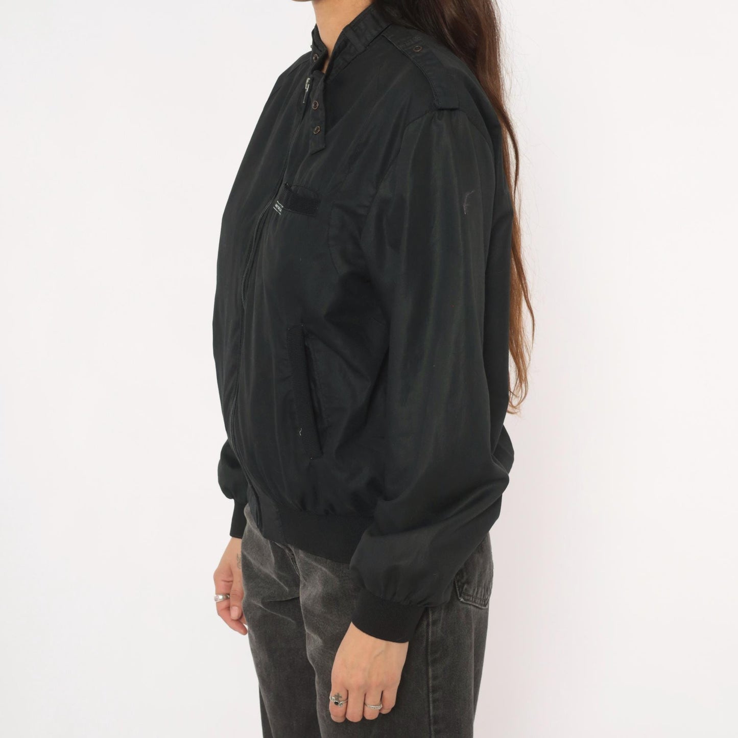 80s Hampton Country Club Black Bomber Jacket Snap Collar Epaulette Extra Small XS