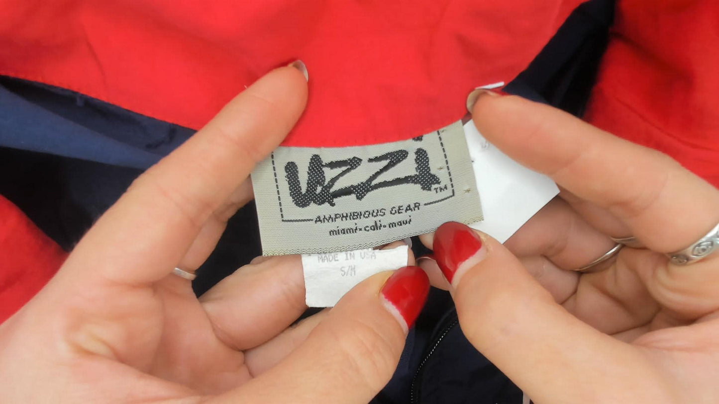 90s Uzzi Miami Beach Windbreaker Navy Half-Zip Nylon Jacket Red Collar Small