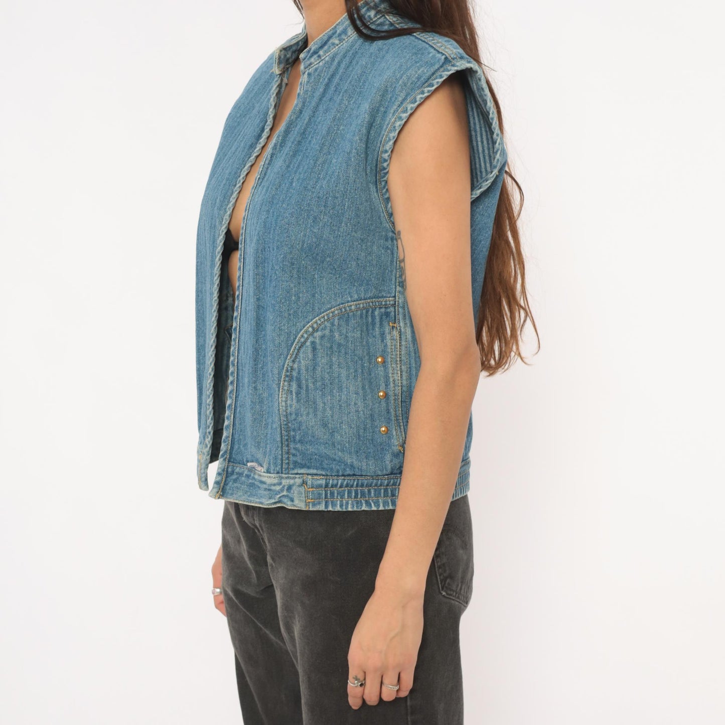 90s Jordache Reversible Denim Vest Pinstripe Blue White Mandarin Collar Small S