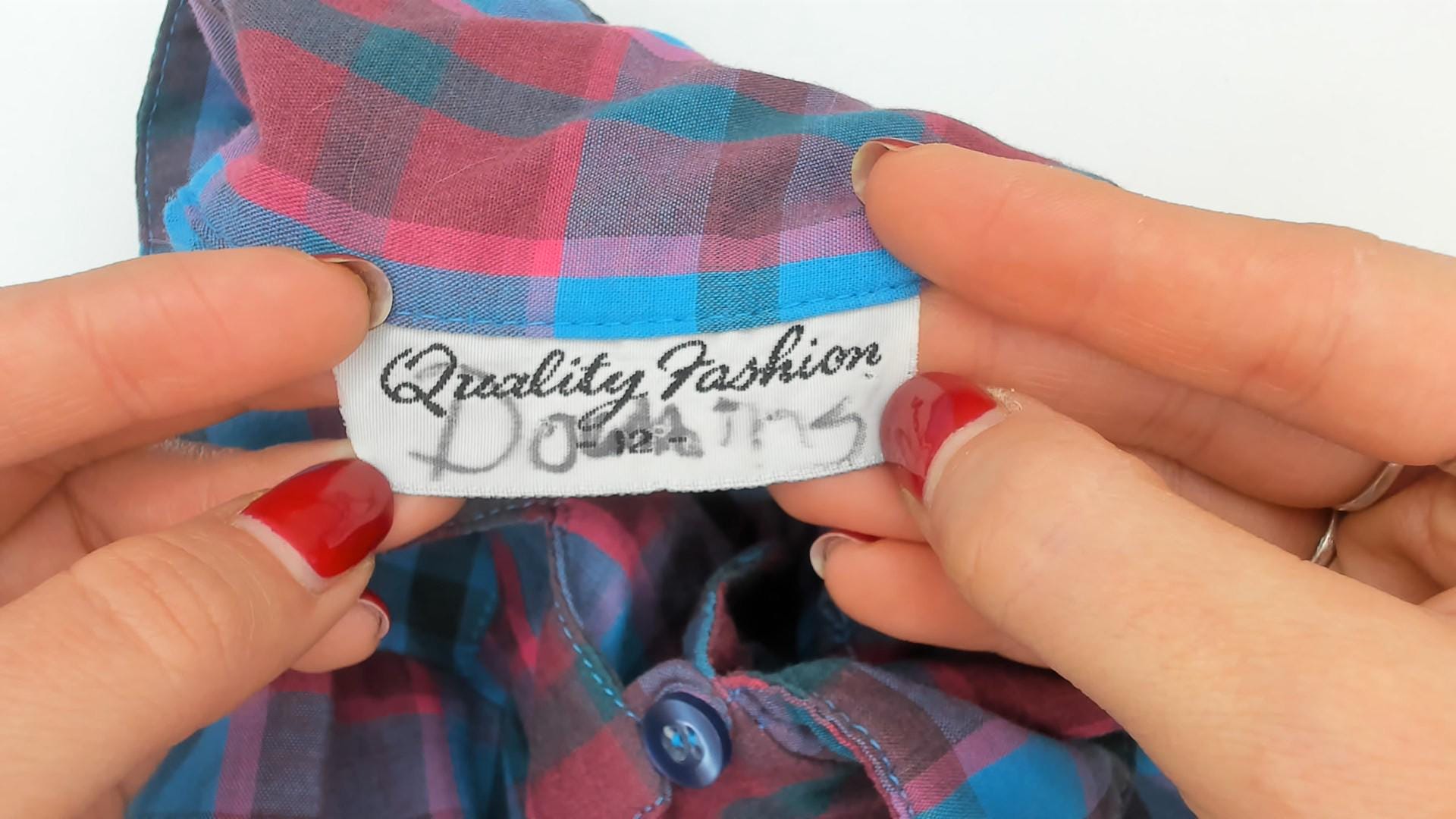 80s Quality Fashion Plaid Button-Up Blouse Teal Magenta Check Pointed Collar Large L