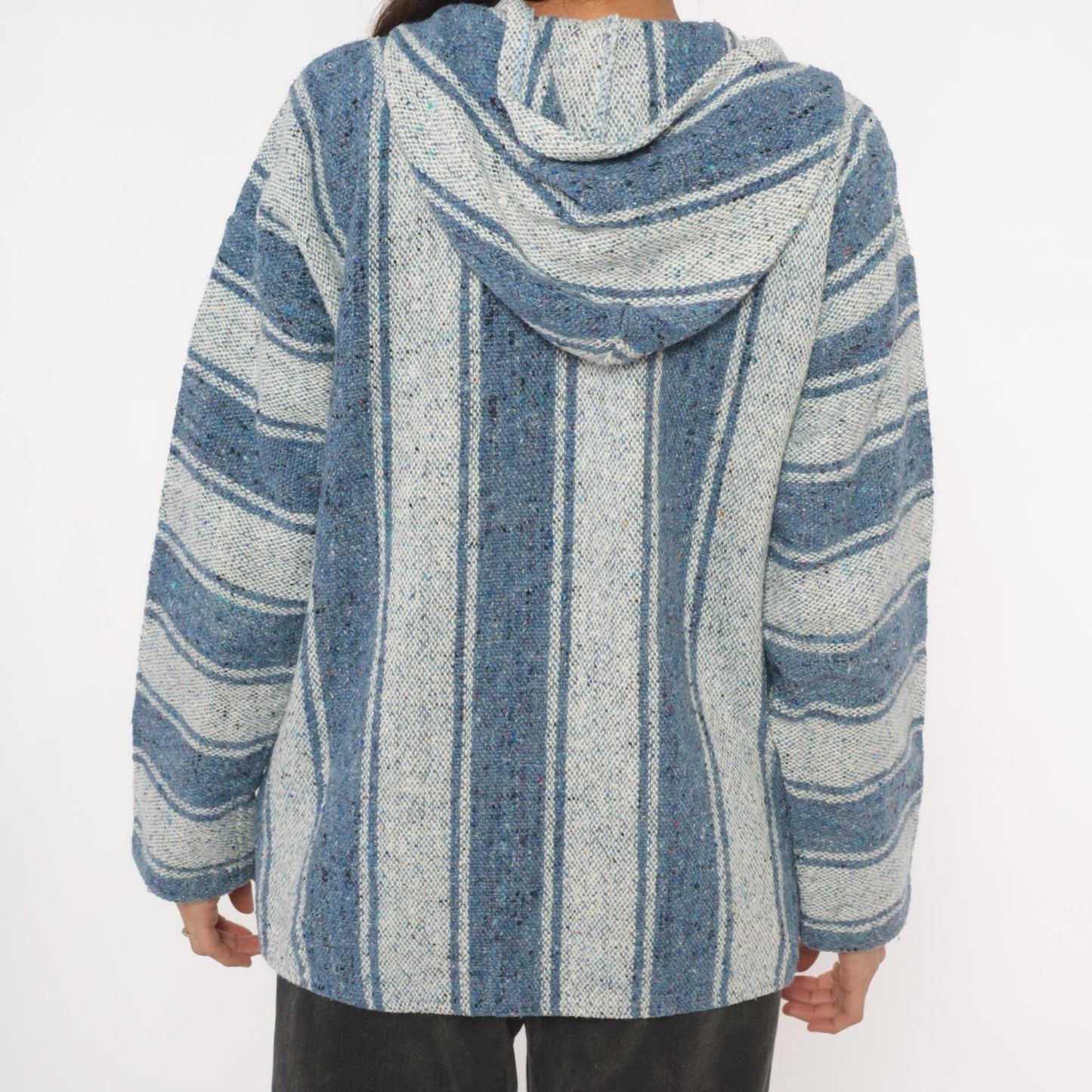 2000s Yarina Threads Blue Striped Baja Hoodie Woven Pullover Medium M