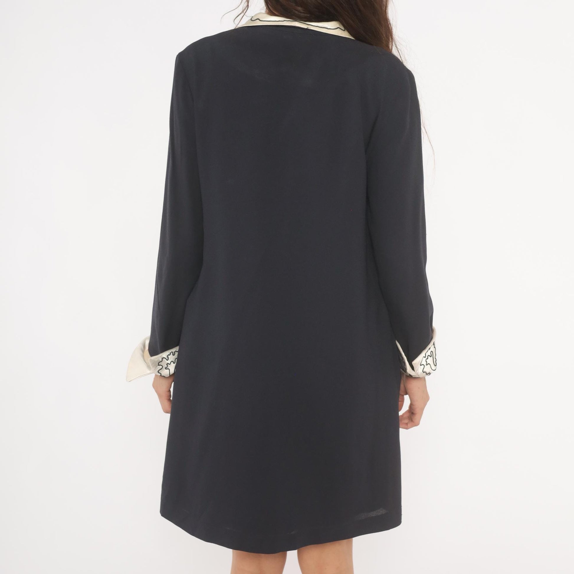 90s Navy Coat Dress Embroidered Ivory Collar White Dome Buttons Medium M