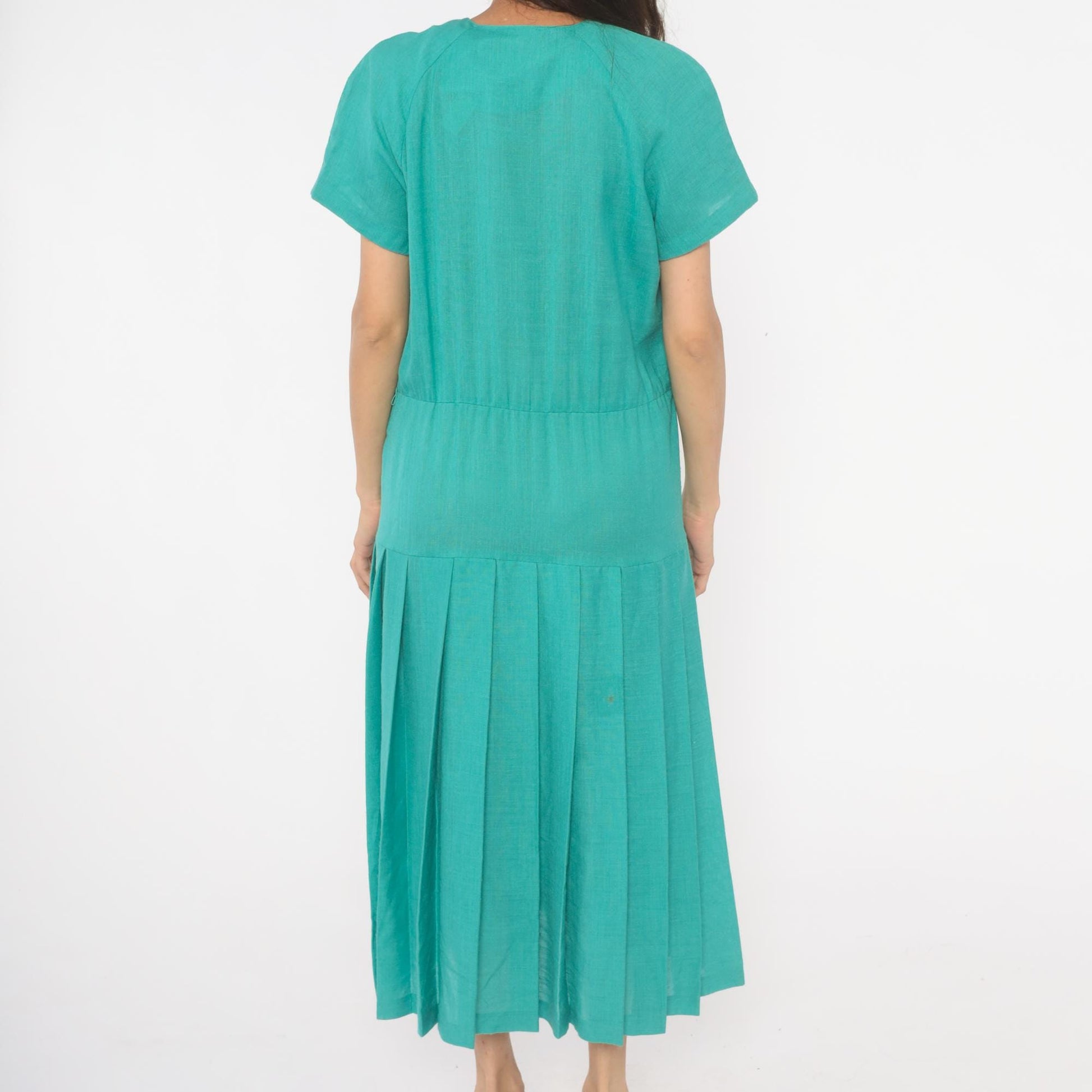 80s Sabino Teal Midi Dress Button Front Drop Waist Pleated Raglan Large L