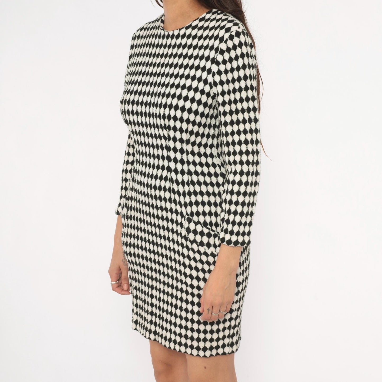 90s Jackie Bernard Checkerboard Mini Dress Black Cream Diamond Pattern Small S