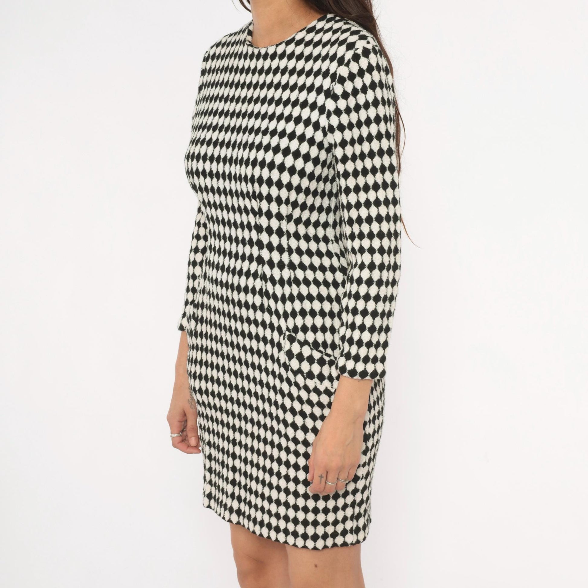 90s Jackie Bernard Checkerboard Mini Dress Black Cream Diamond Pattern Small S