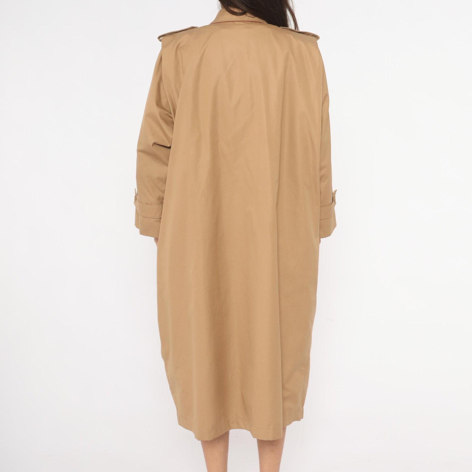 80s Tan Trench Coat Red Lined Button Front Epaulette Knee Length Large L