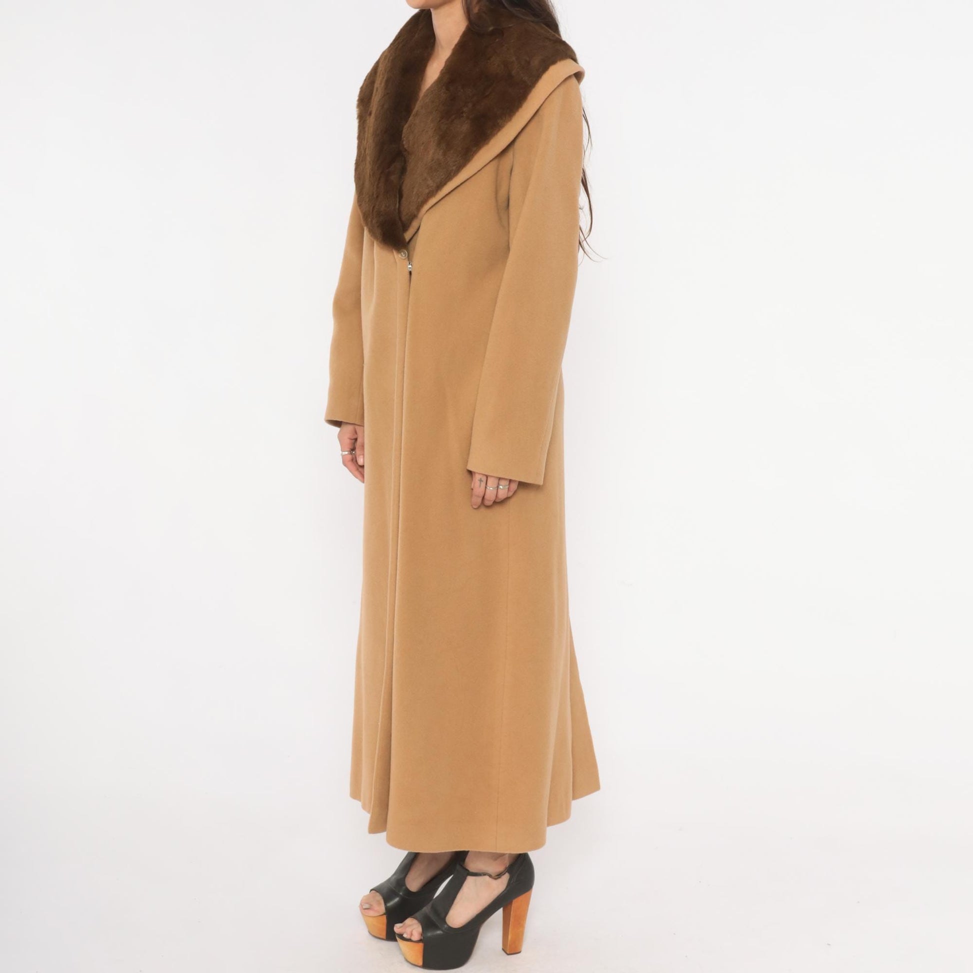 90s Spiegel Wool Cashmere Camel Coat Fur Collar Ankle Length Tan Medium M