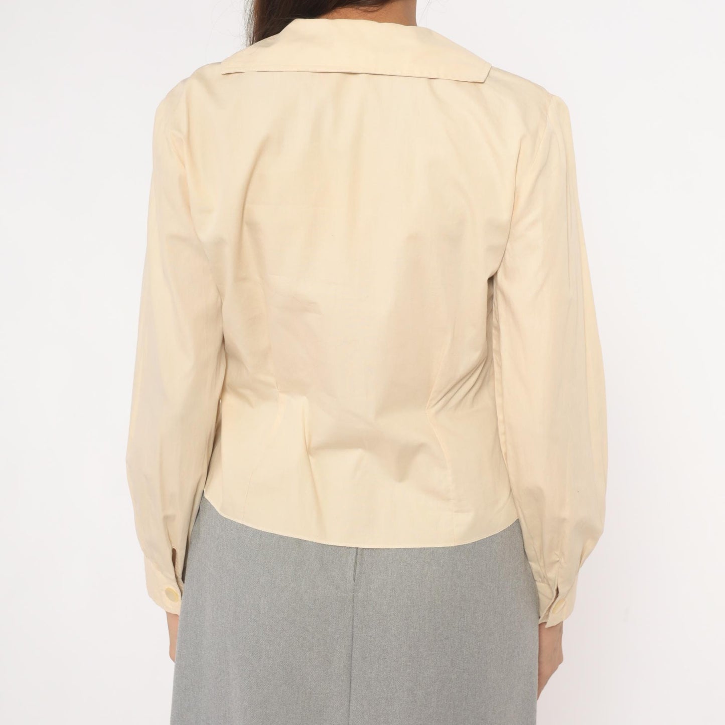 70s Fashionalit Cream Button Front Blouse Pointed Collar Puff Sleeve Medium