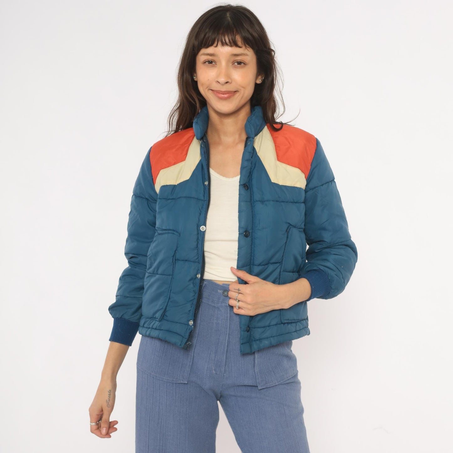 70s Navy Orange Cream Chevron Puffer Jacket Quilted Bomber Ski Coat XS