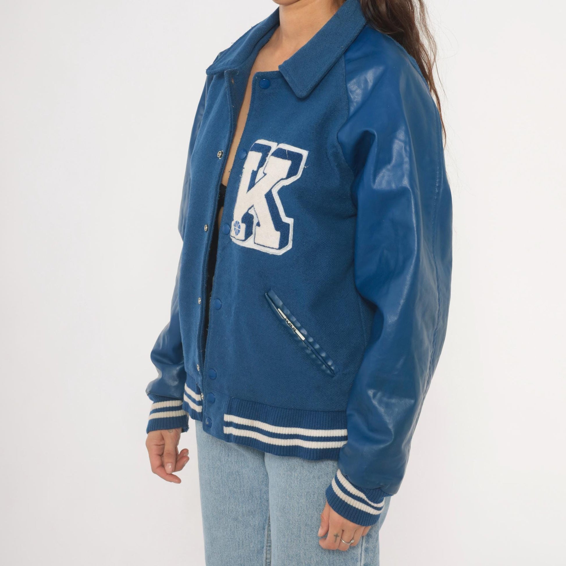 90s Reebok Varsity Jacket Wool Leather Letterman Blue Navy White Medium M