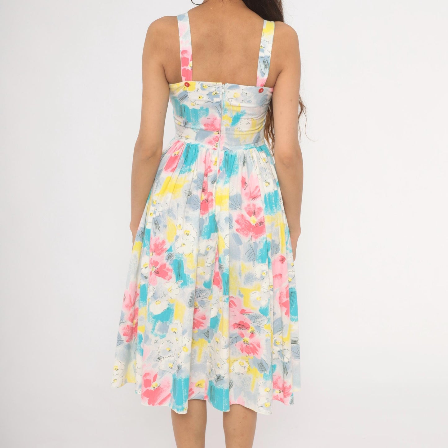 80s Pea Patch Watercolor Floral Sundress Sweetheart Basque Waist Small