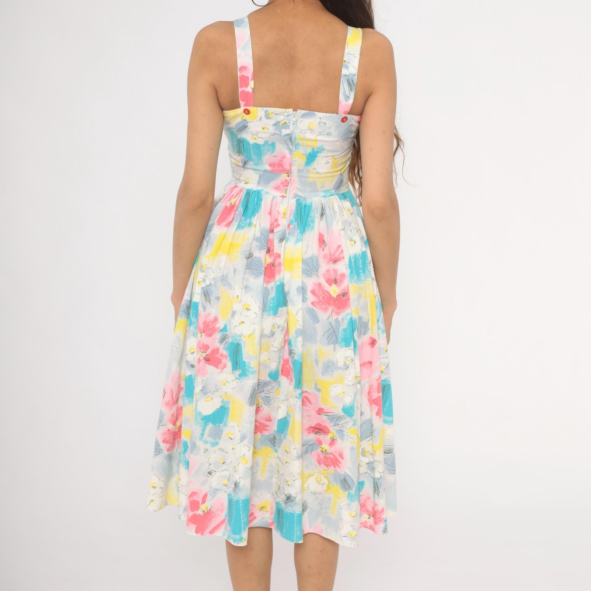 80s Pea Patch Watercolor Floral Sundress Sweetheart Basque Waist Small