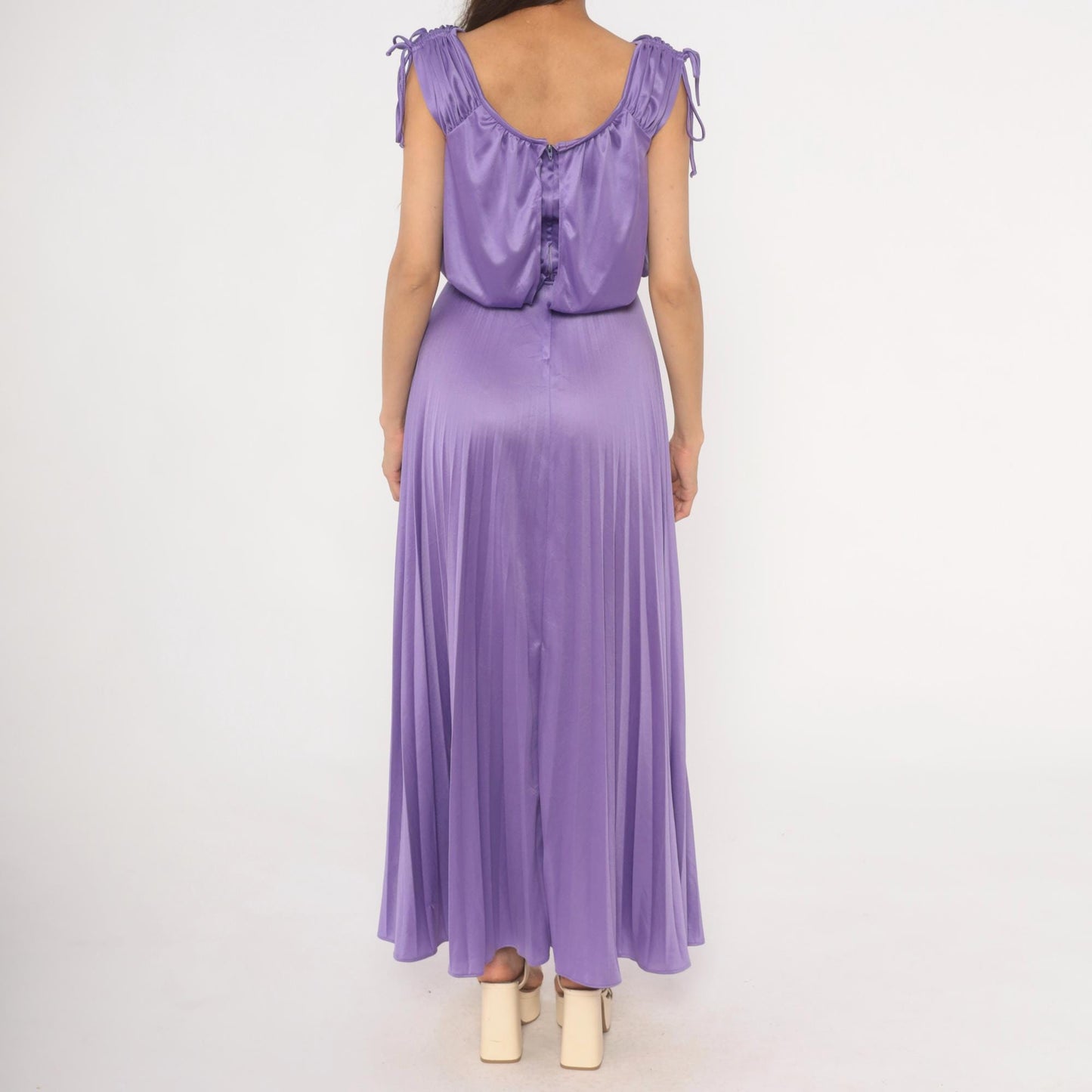 70s Lavender Pleated Maxi Dress Satin Blouson Bodice Tie Shoulder Small S