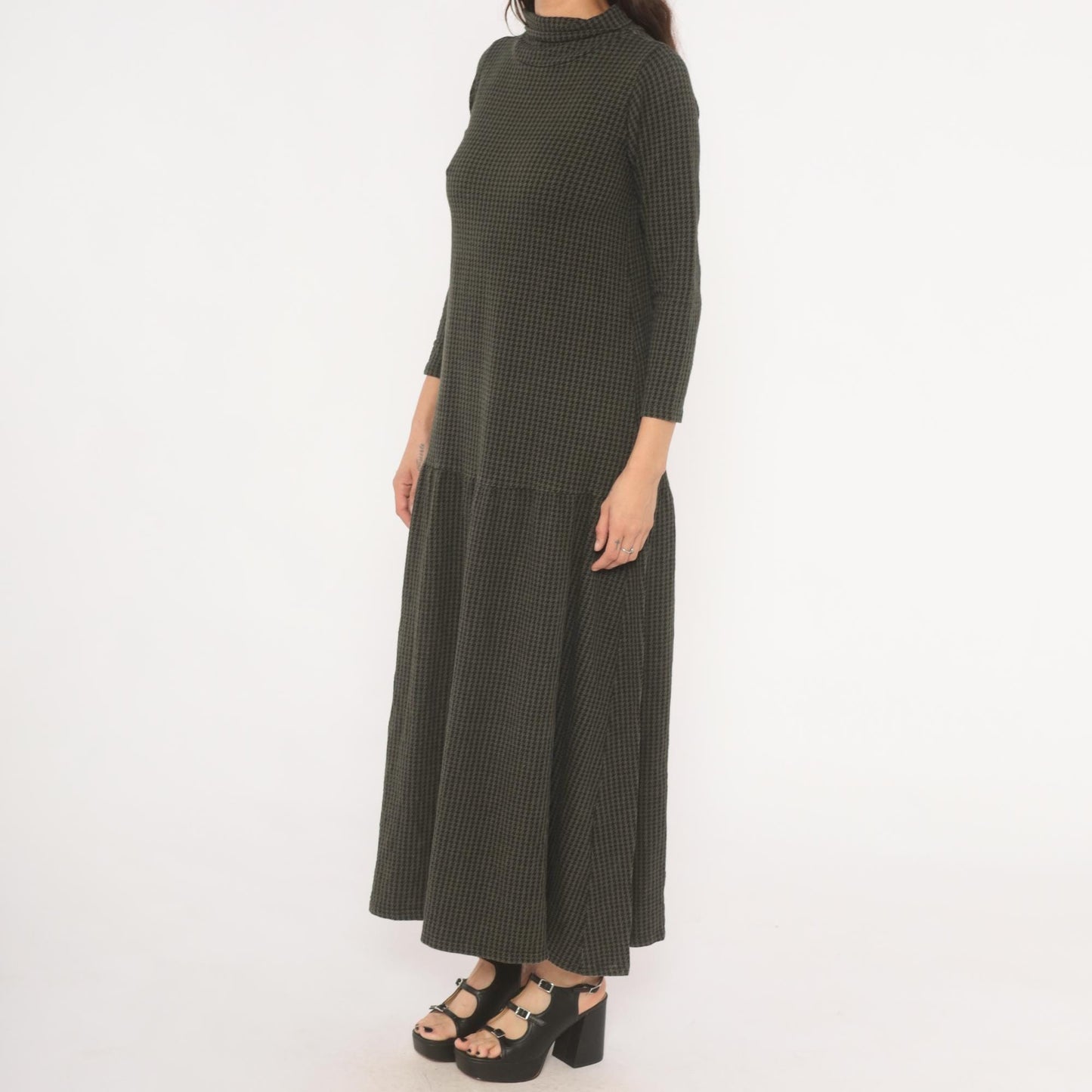 90s JP Houndstooth Maxi Dress Olive Black Funnel Neck Drop Waist Medium M