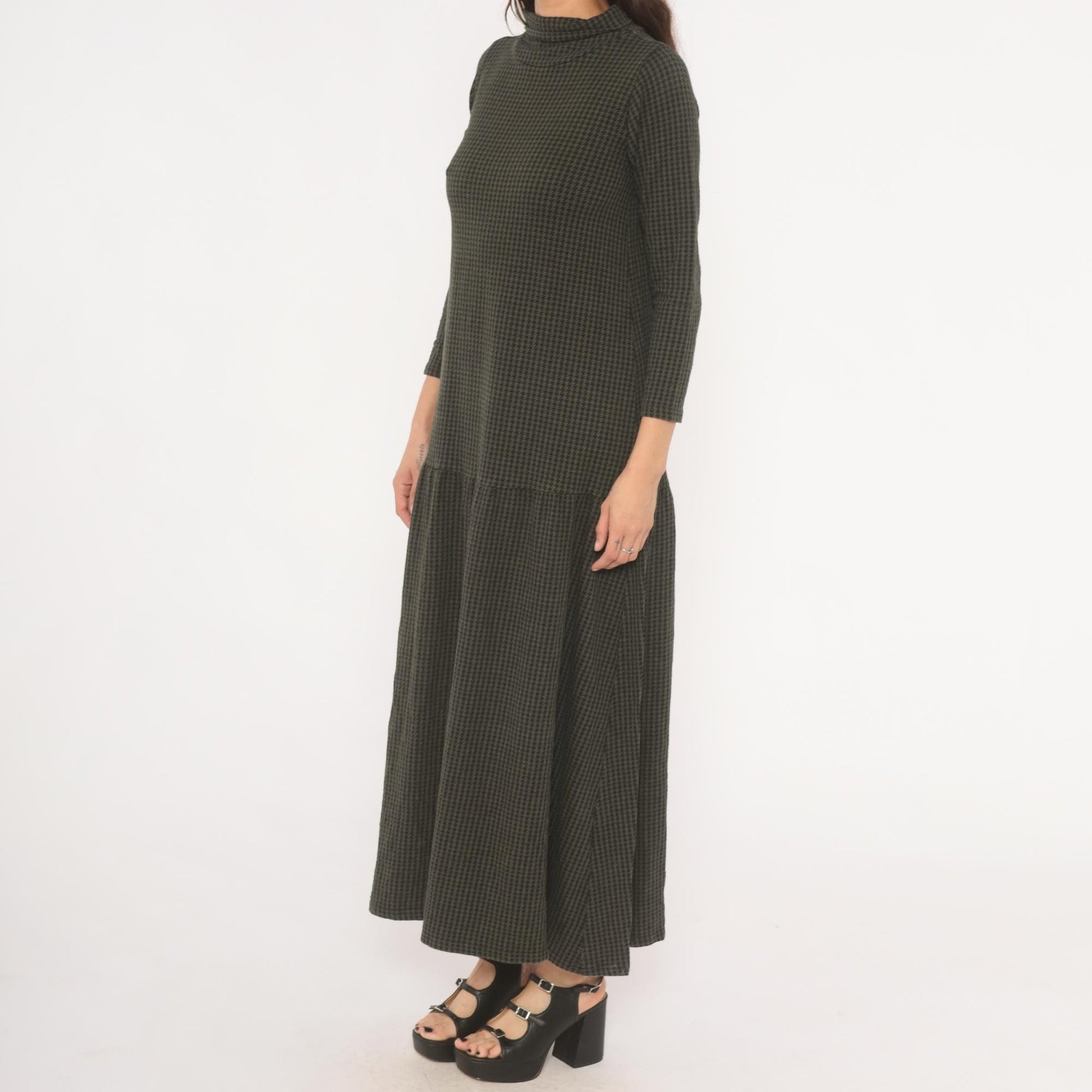 90s JP Houndstooth Maxi Dress Olive Black Funnel Neck Drop Waist Medium M