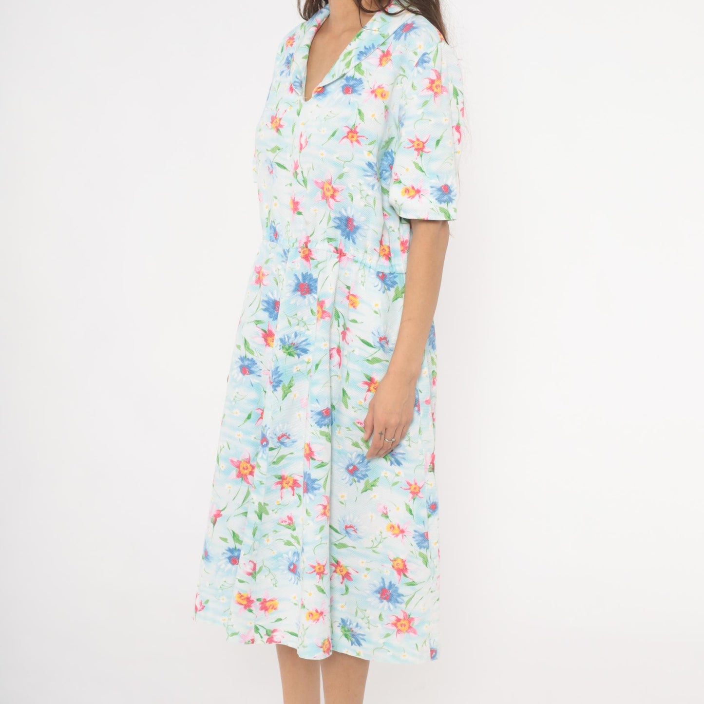 90s Light Blue Wildflower Cotton Midi Dress Pink Floral Gathered Waist Large L