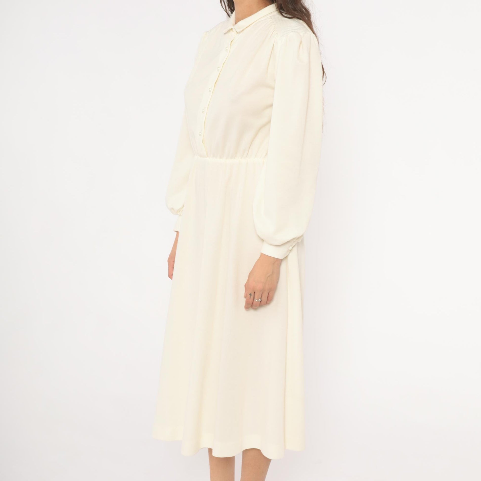 80s Sunshine Starshine Cream Puff Sleeve Midi Dress Pearl Buttons Wool Large L