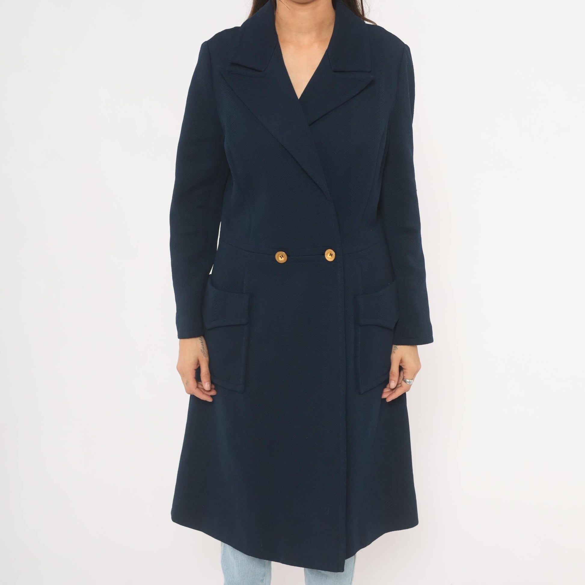70s Butte Knit Navy Double Breasted Coat Gold Buttons Knee Length Large L