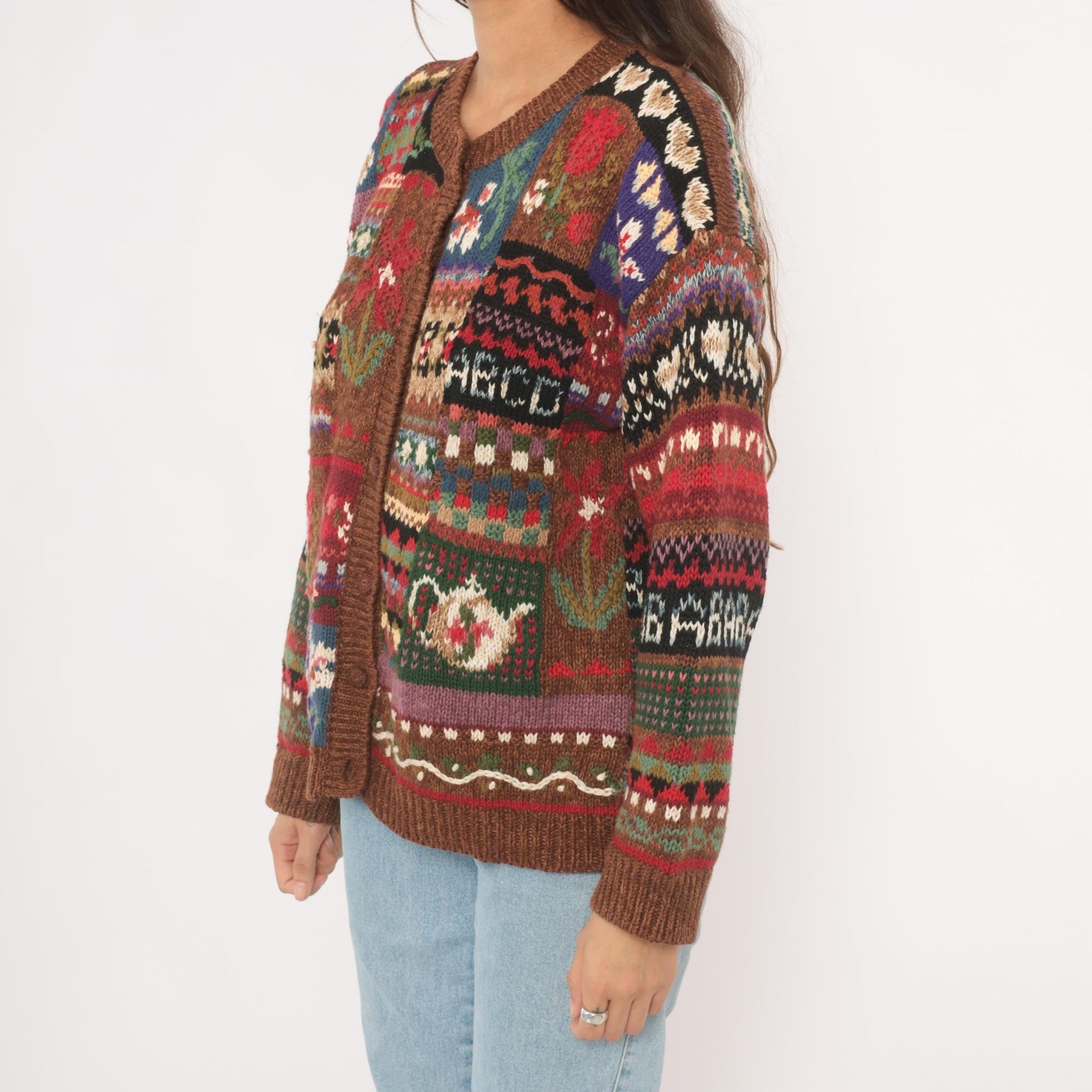 90s Tiara International Patchwork Cardigan Floral Fair Isle Knit Brown Small