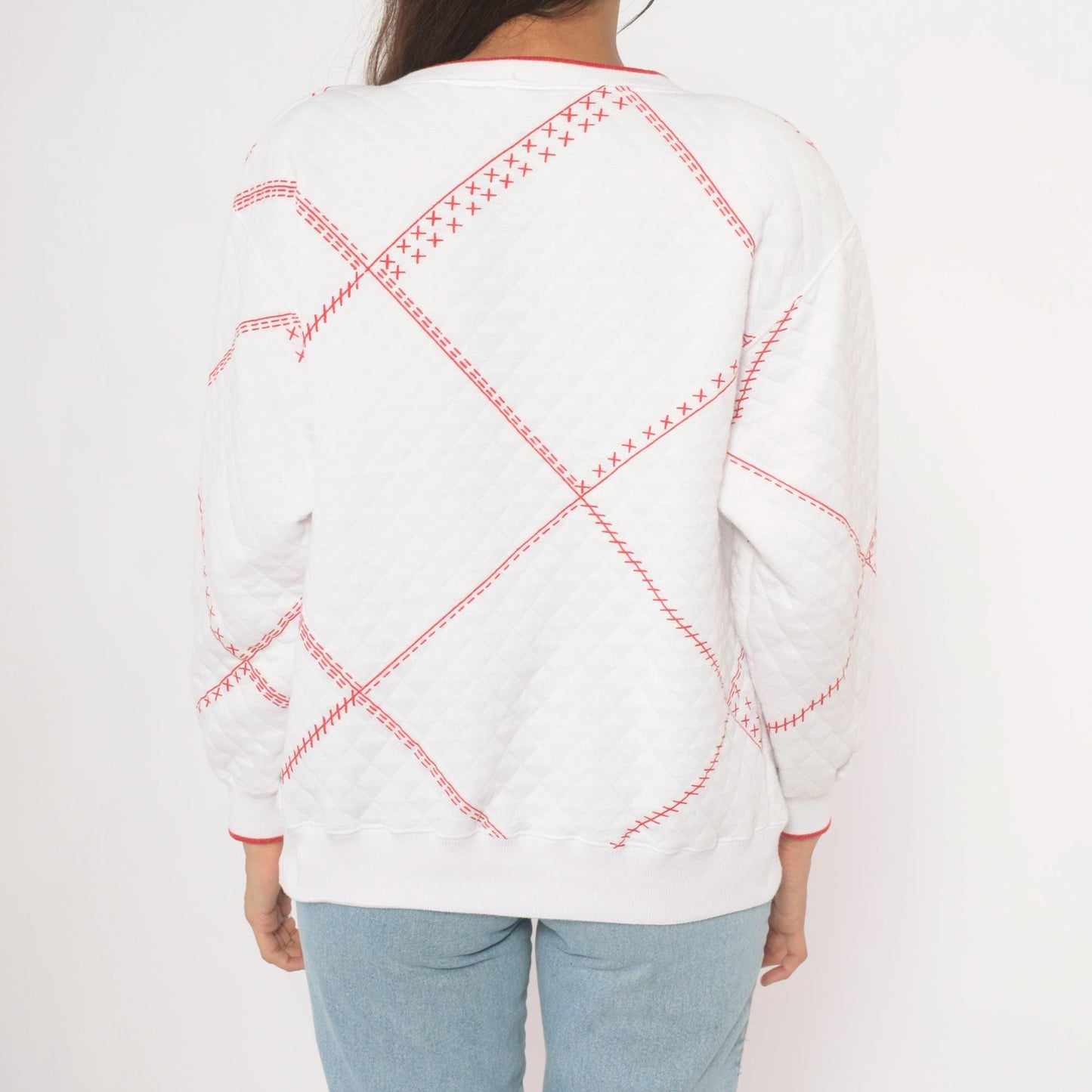 90s Jason Maxwell Quilted Floral Henley Sweatshirt White Red Cross Stitch Large L