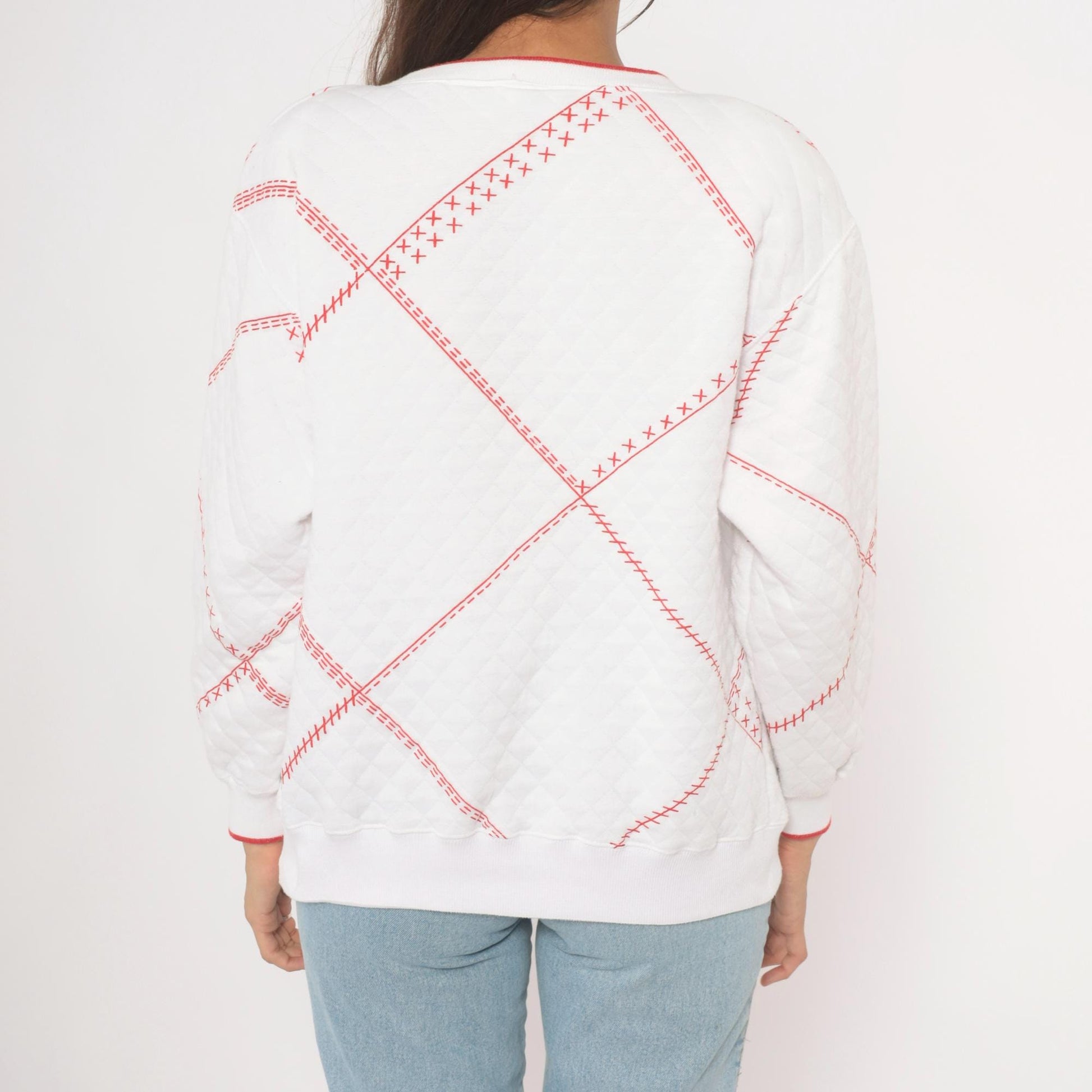 90s Jason Maxwell Quilted Floral Henley Sweatshirt White Red Cross Stitch Large L