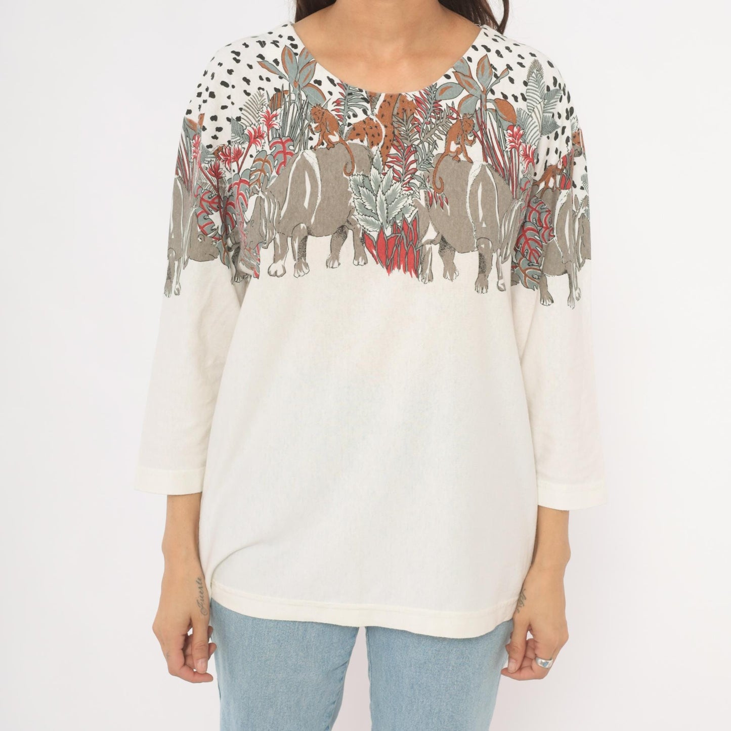 90s Enchante Sport Safari Animal Print Top Cream Jungle Scene Large L