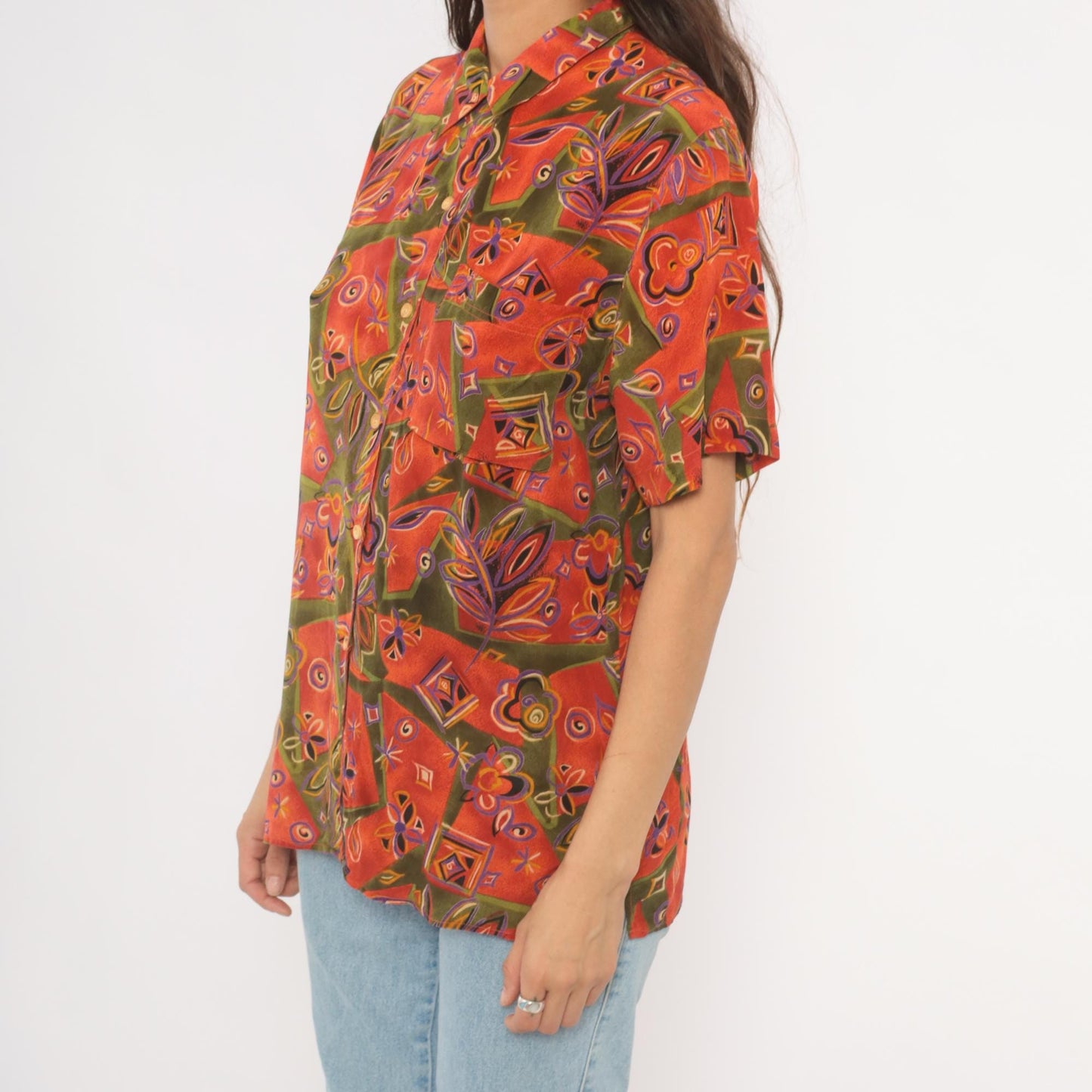 90s Quo-Silk Abstract Patchwork Silk Shirt Orange Olive Purple Camp Collar Medium