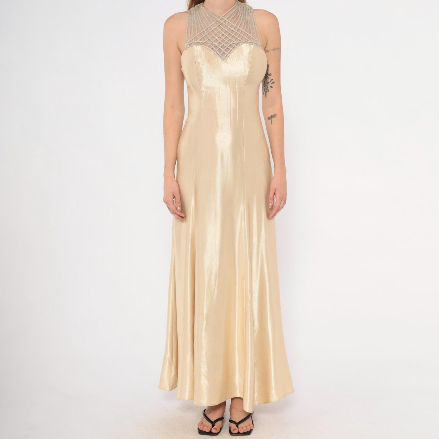 90s Champagne Satin Maxi Dress Criss Cross Straps Sweetheart Bodice Gold Evening Gown Extra Small XS