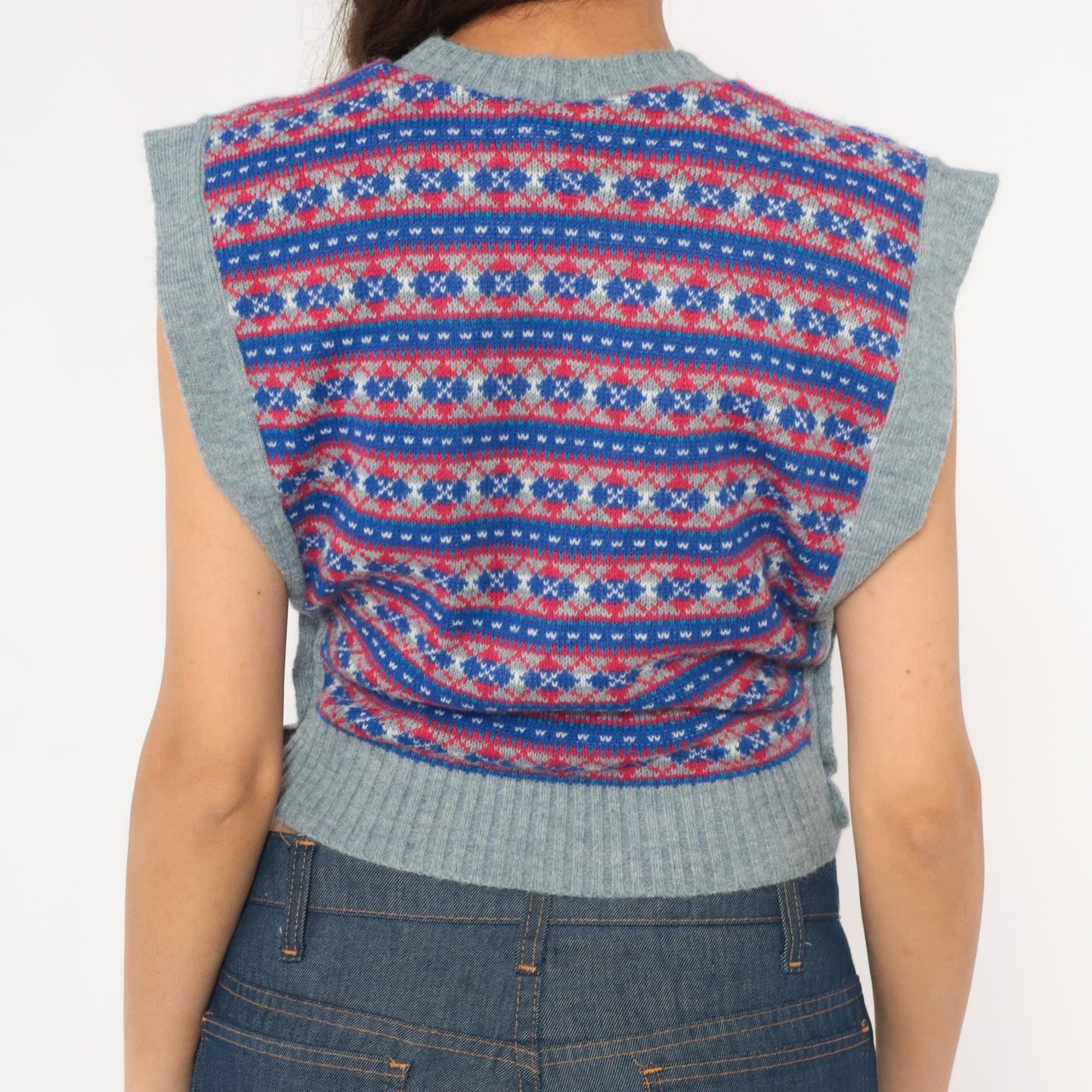 80s Fair Isle Sweater Vest Grey Blue Red Geometric Knit Cropped Extra Small XS