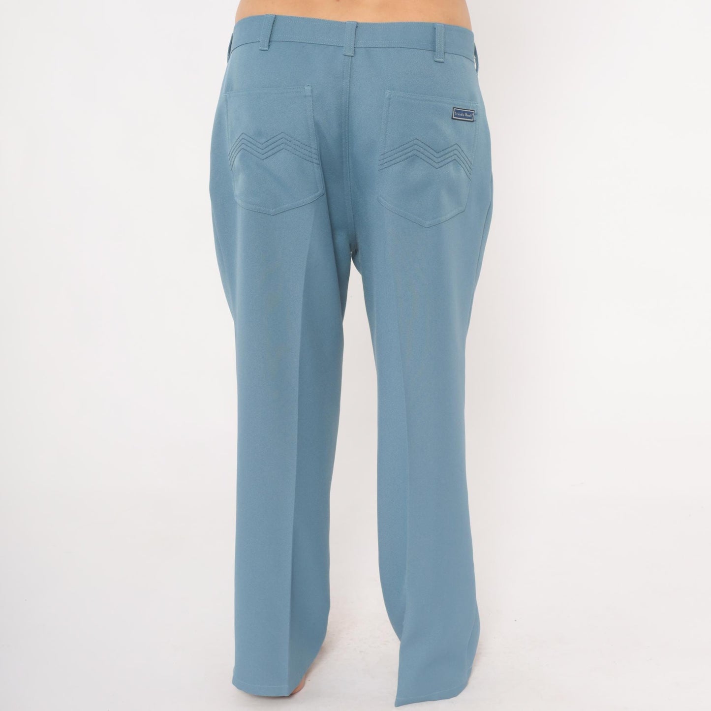 70s Scandia Woods Slate Blue Straight Leg Trousers Flat Front Chevron Stitch Mens 36