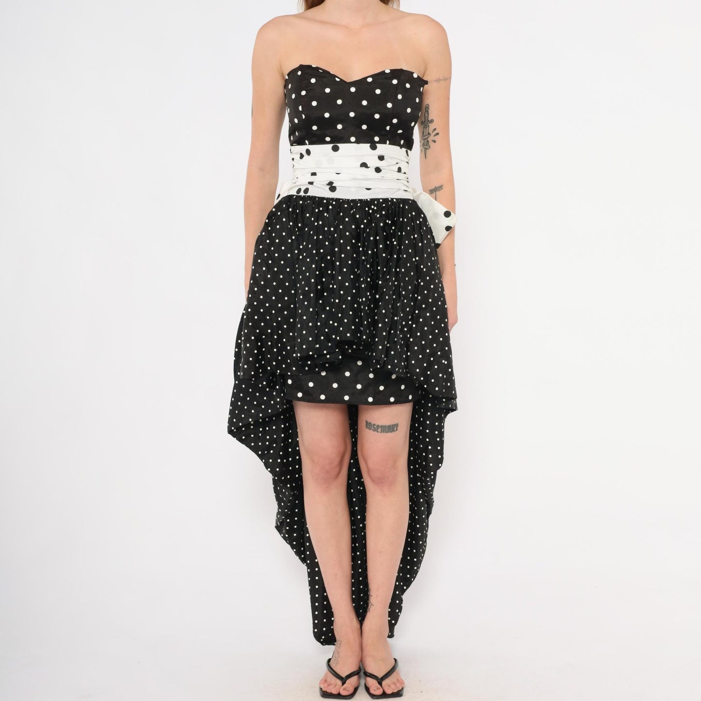 80s Jessica McClintock Gunne Sax Polka Dot Strapless Gown Black White Extra Small XS