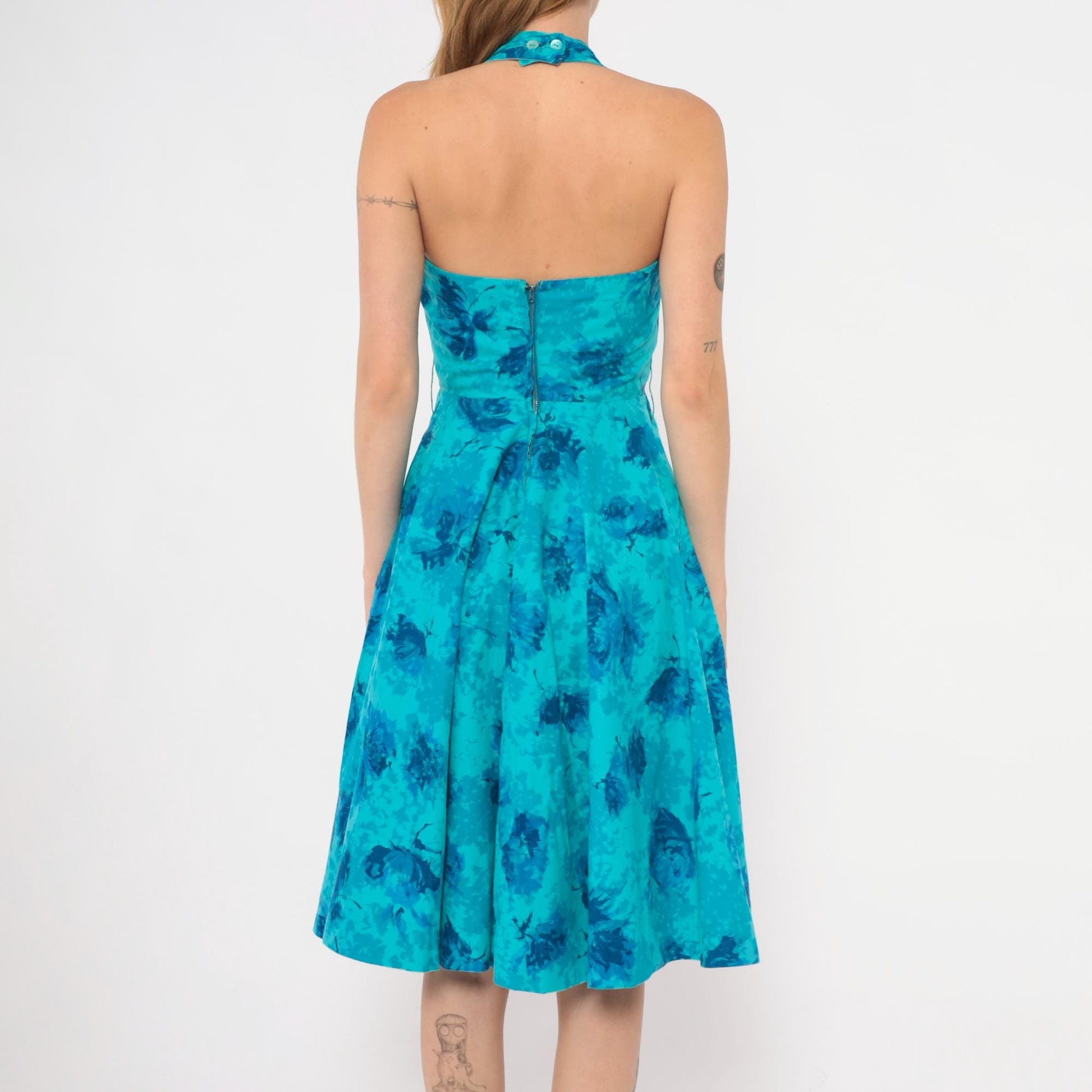 1950s Makoff Halter Dress Turquoise Floral Rhinestone Pleated Circle Skirt Extra Small XS