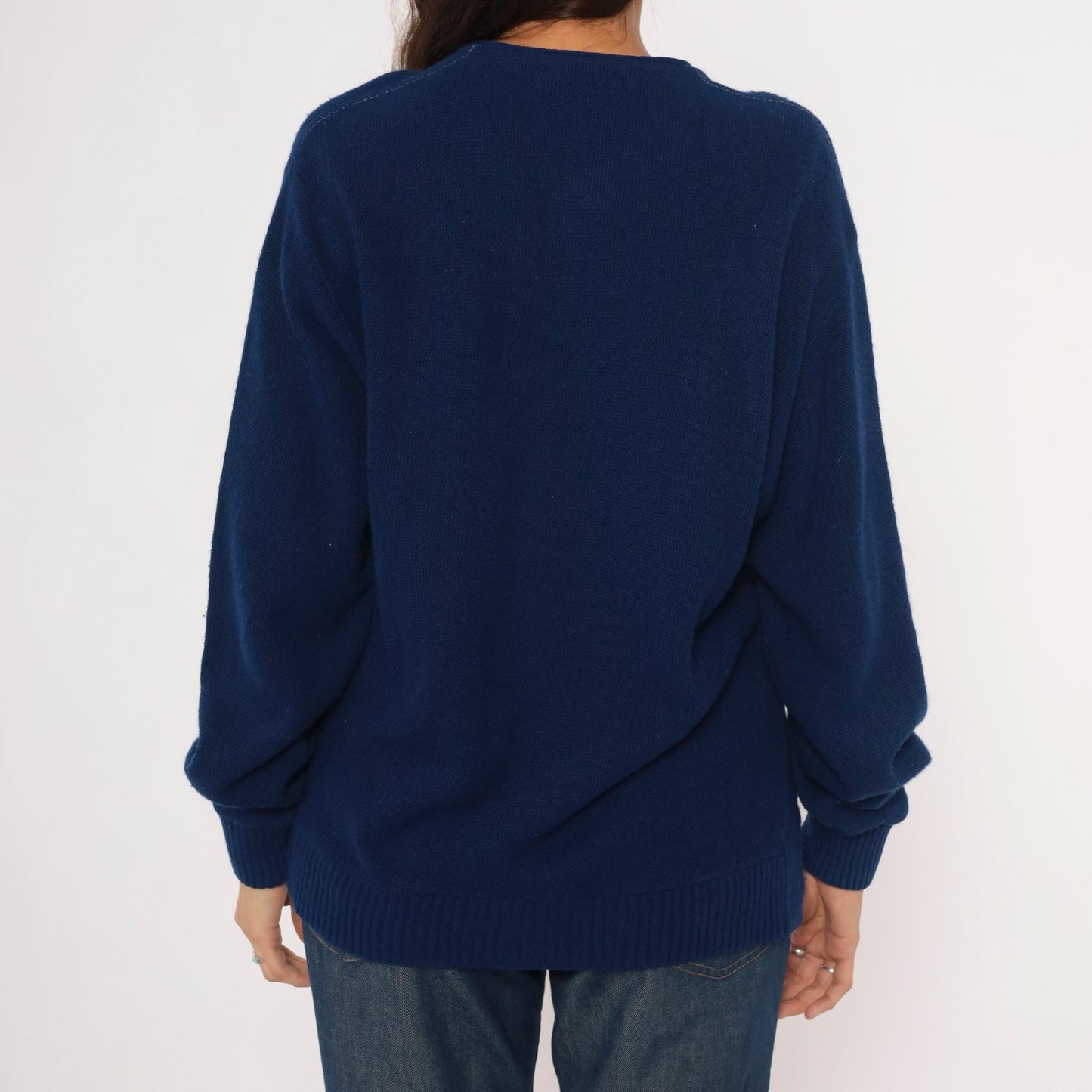 70s Navy Button Front Cardigan V Neck Patch Pocket Knit Small