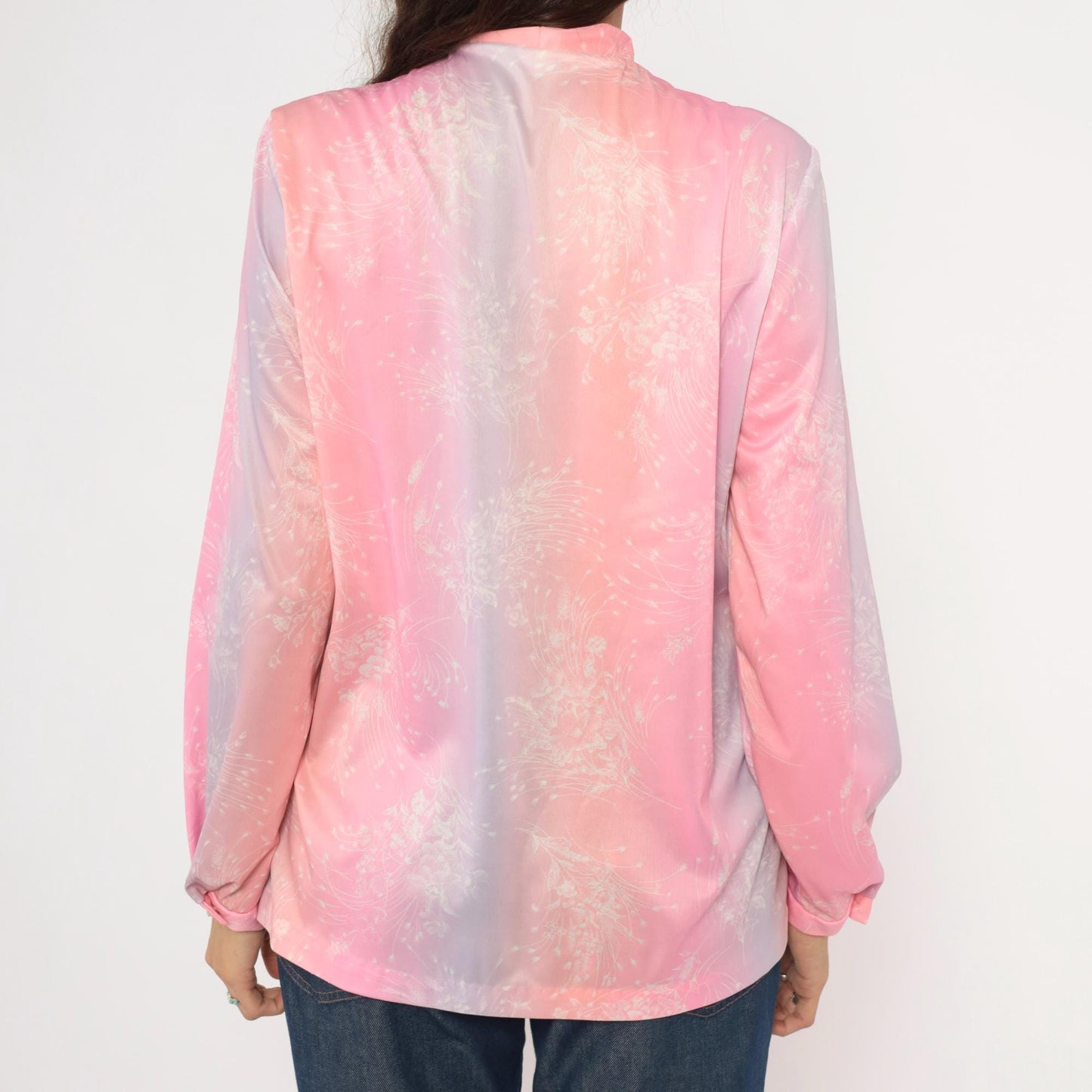 70s Pink Lavender Floral Pussy Bow Blouse Pearl Snap Button Front Medium M