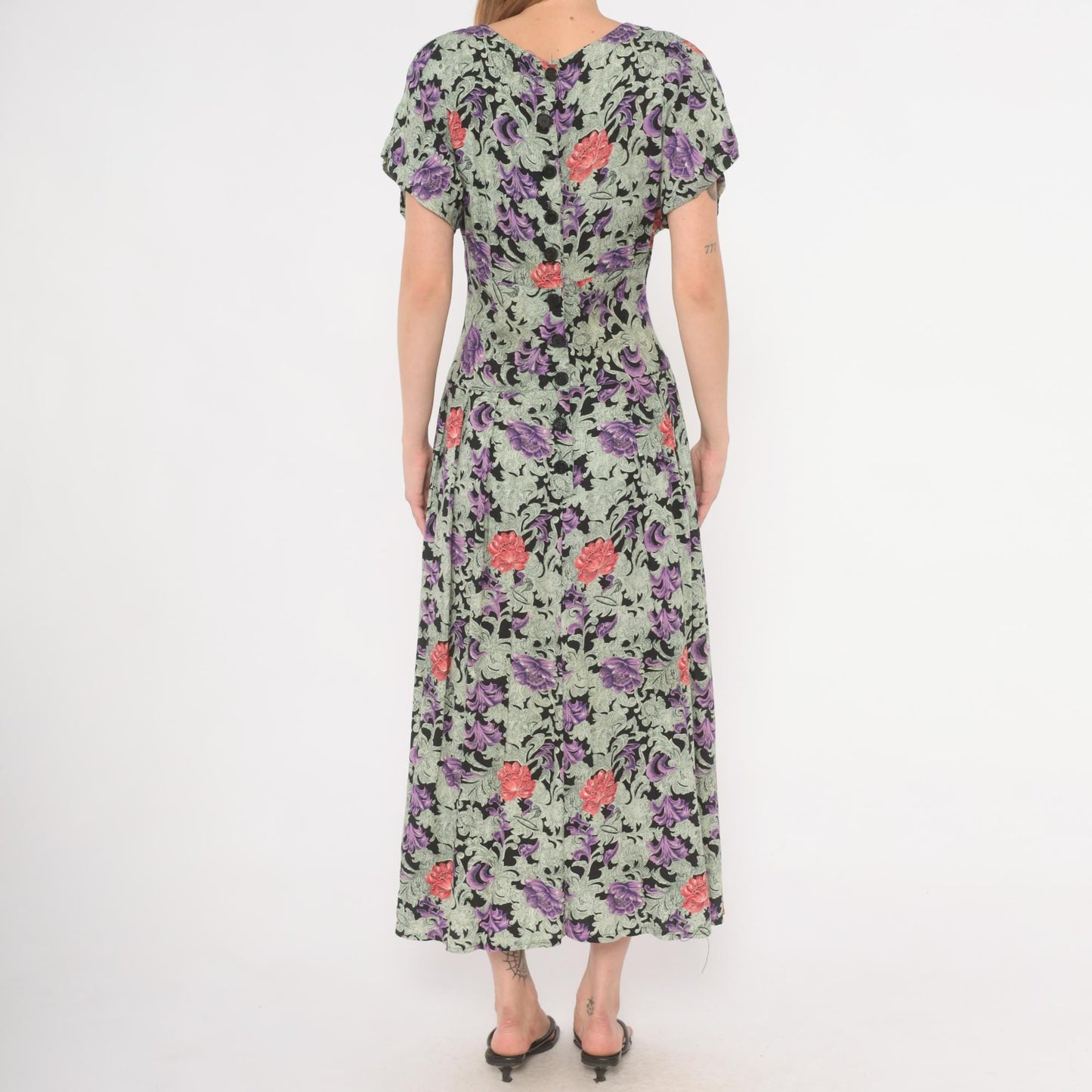 90s All That Jazz Floral Maxi Dress Purple Black Surplice V-Neck Medium M