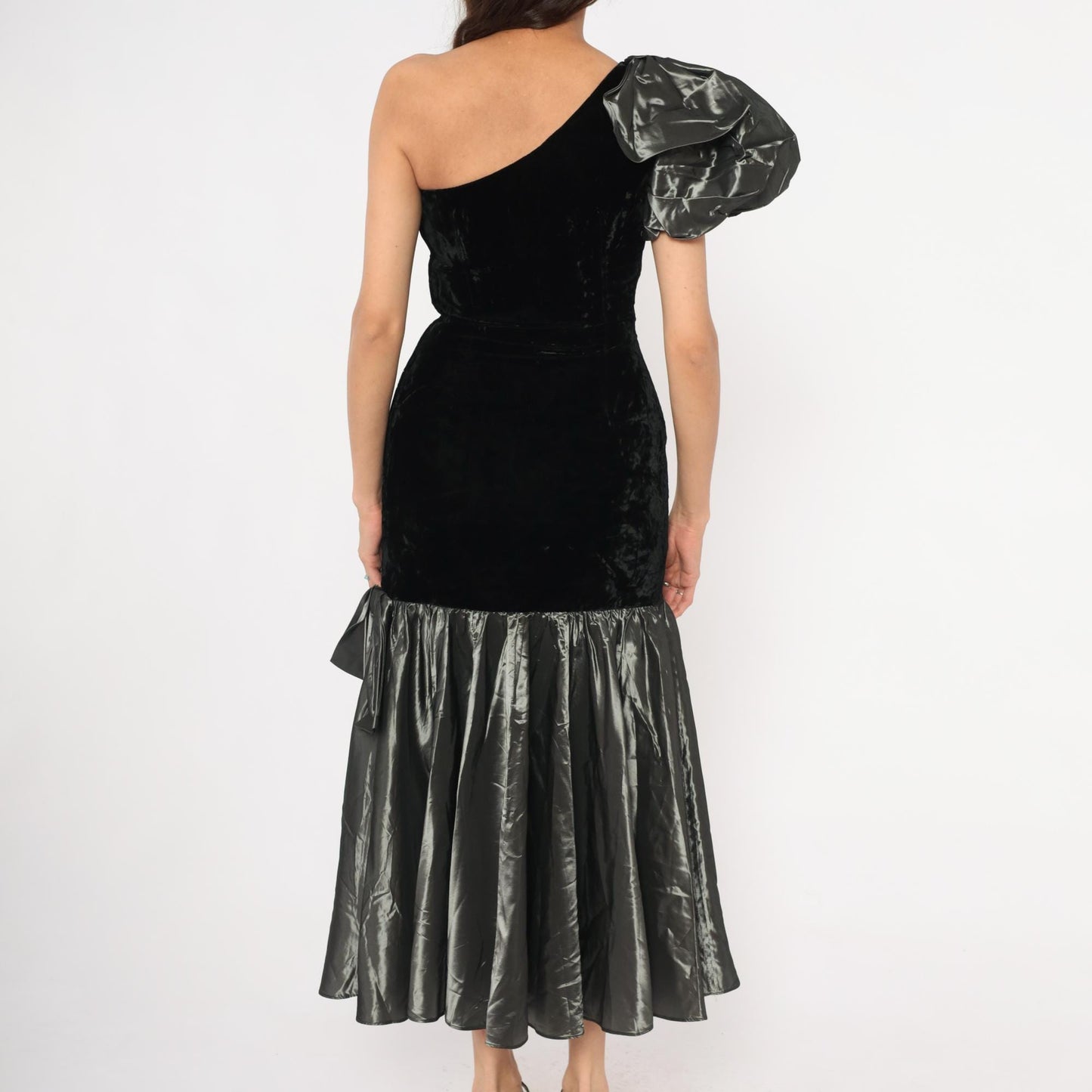 80s Alyce Designs One-Shoulder Velvet Gown Black Mermaid Hem Puff Sleeve Extra Small XS