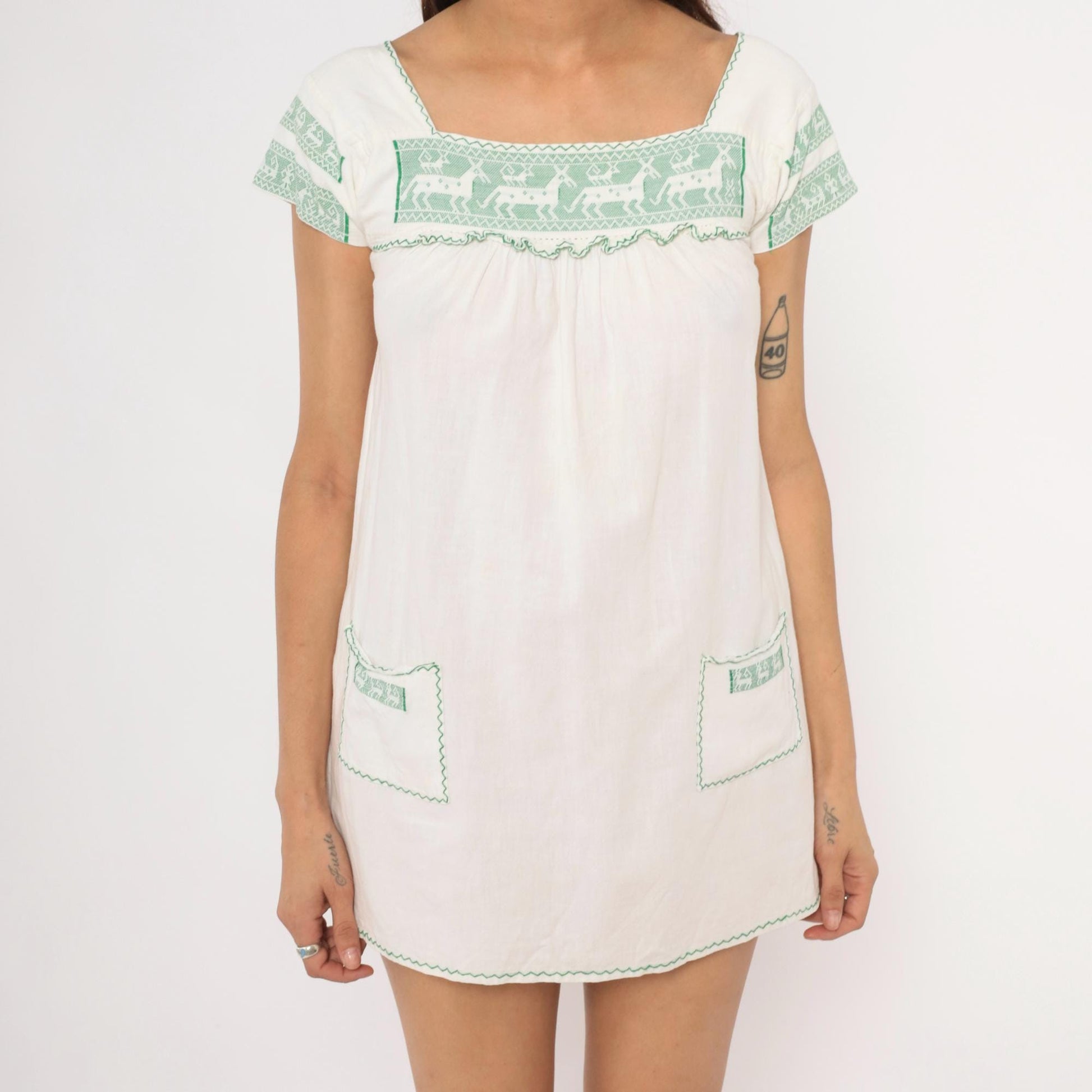 80s White Green Embroidered Deer Mini Dress Cotton Puff Sleeve Square Neck Extra Small XS