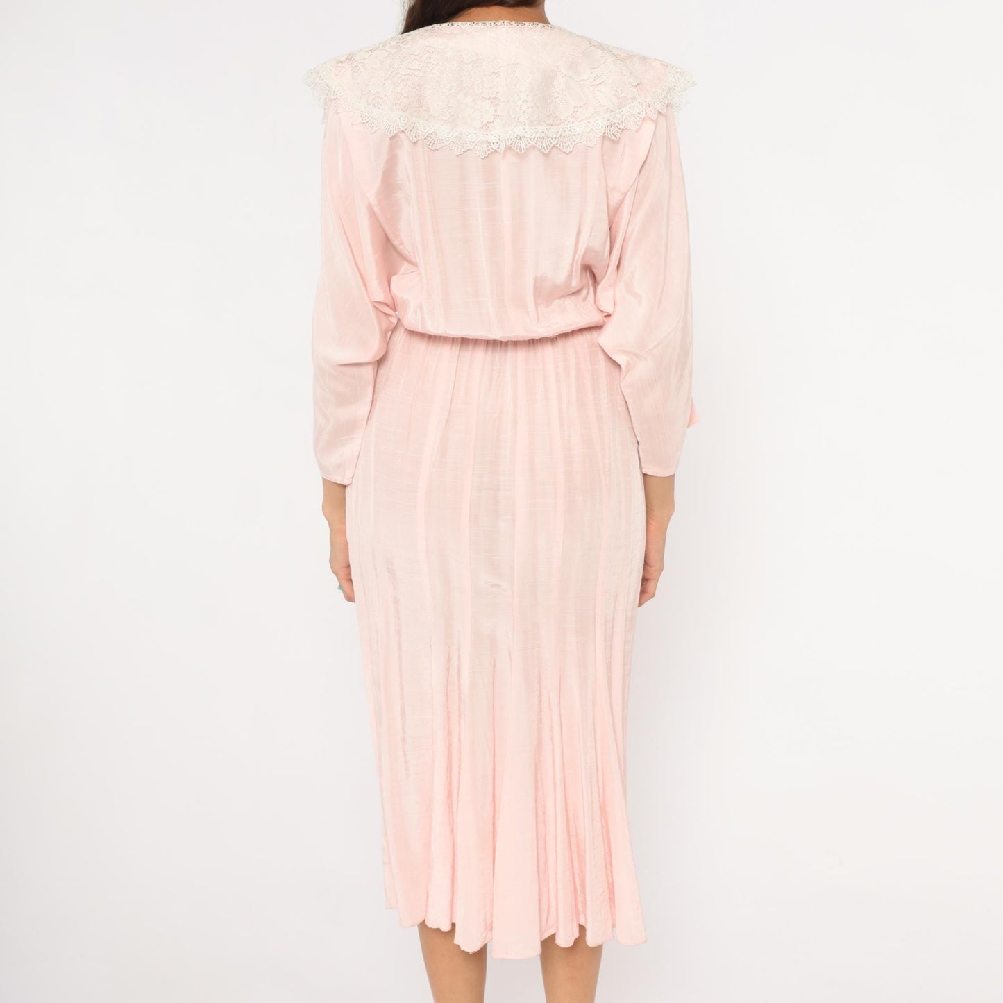 80s DQ Fashions Blush Pink Midi Dress Lace Collar V-Neck Small S