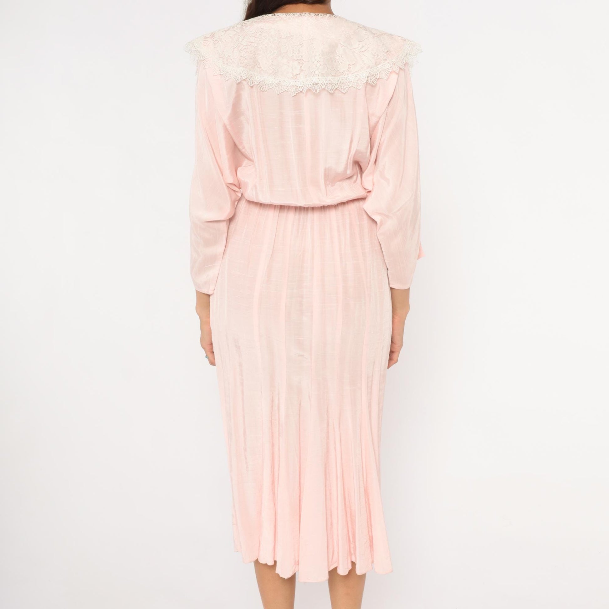 80s DQ Fashions Blush Pink Midi Dress Lace Collar V-Neck Small S