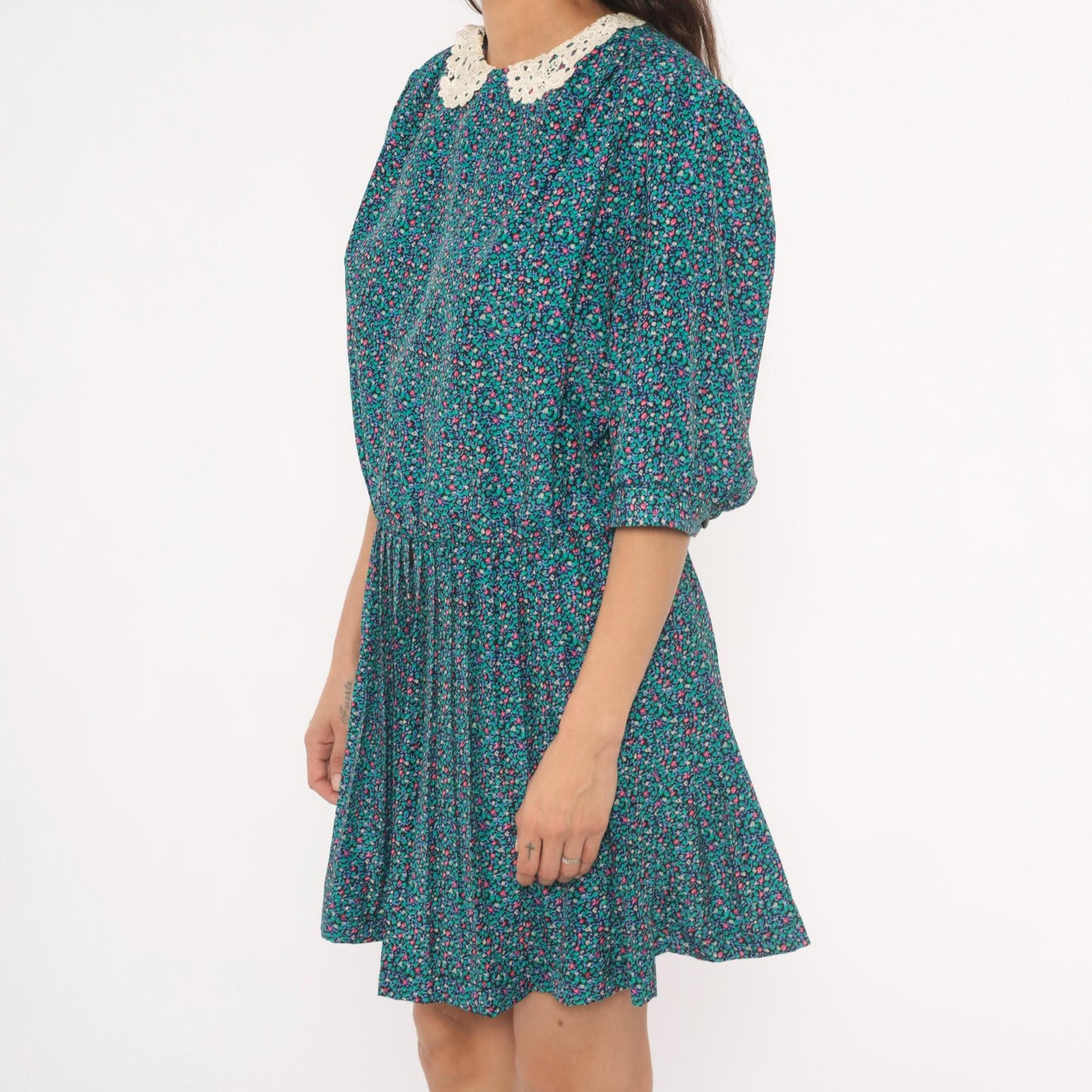 80s Brelli Originals Ditsy Floral Mini Dress Puff Sleeve Peter Pan Collar Large L