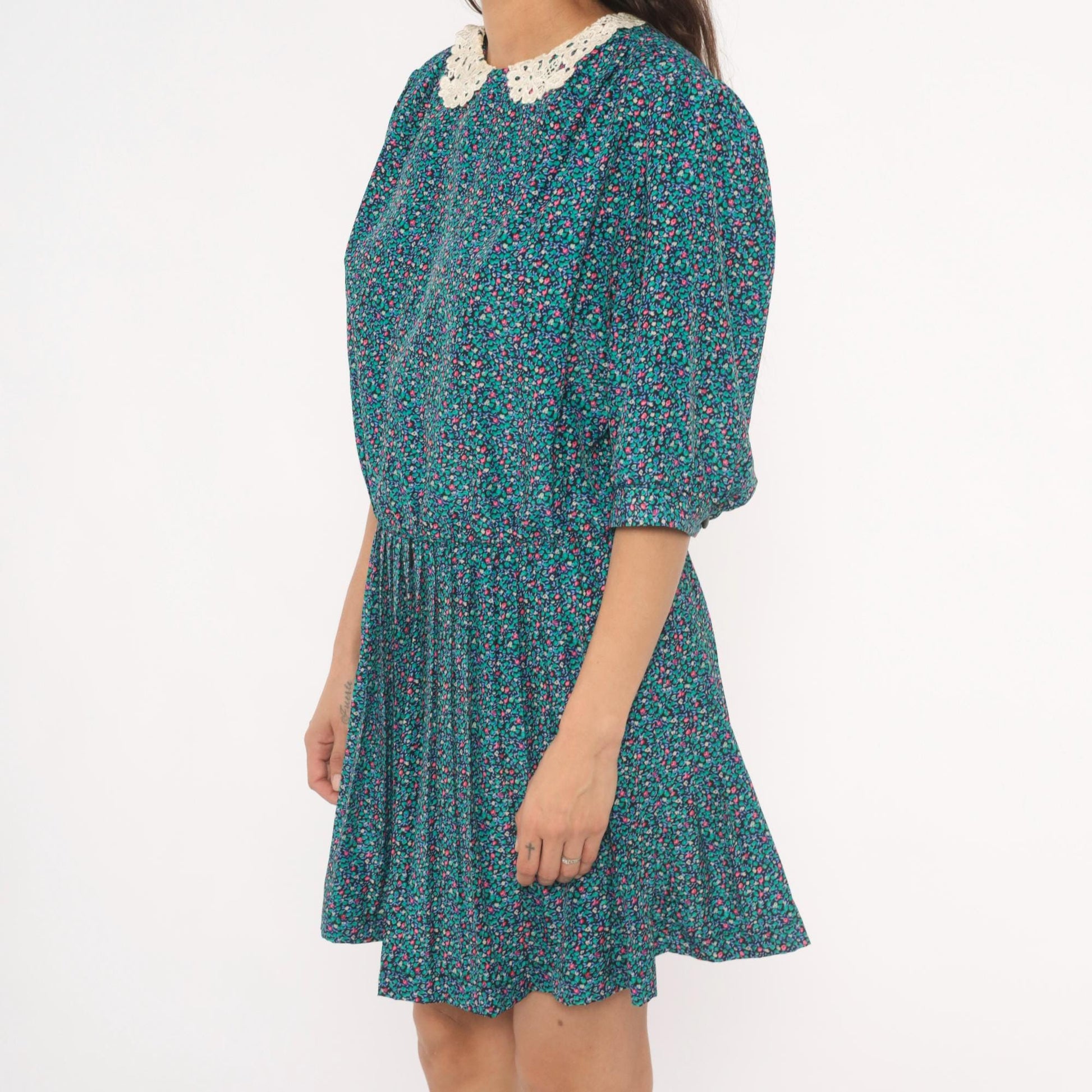 80s Brelli Originals Ditsy Floral Mini Dress Puff Sleeve Peter Pan Collar Large L