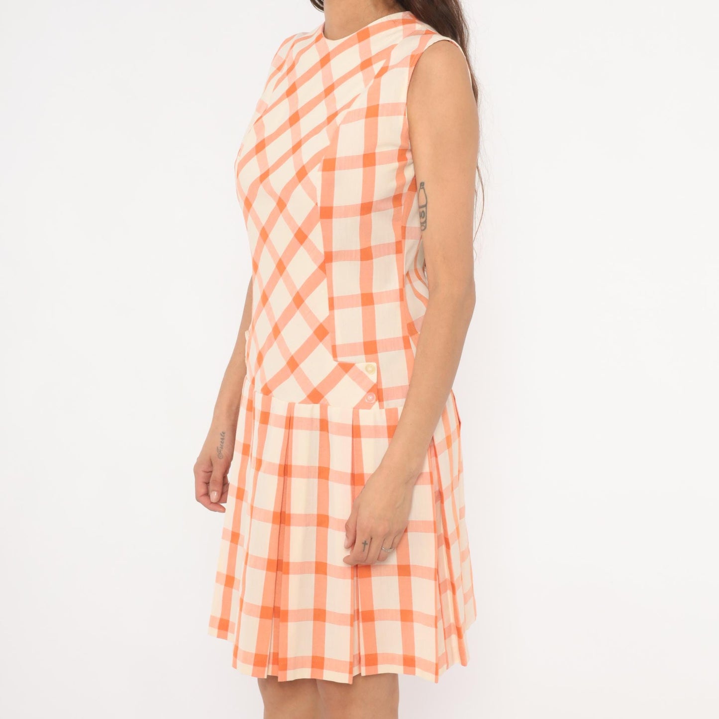60s Orange Cream Gingham Drop Waist Dress Pleated Sleeveless Shift Small