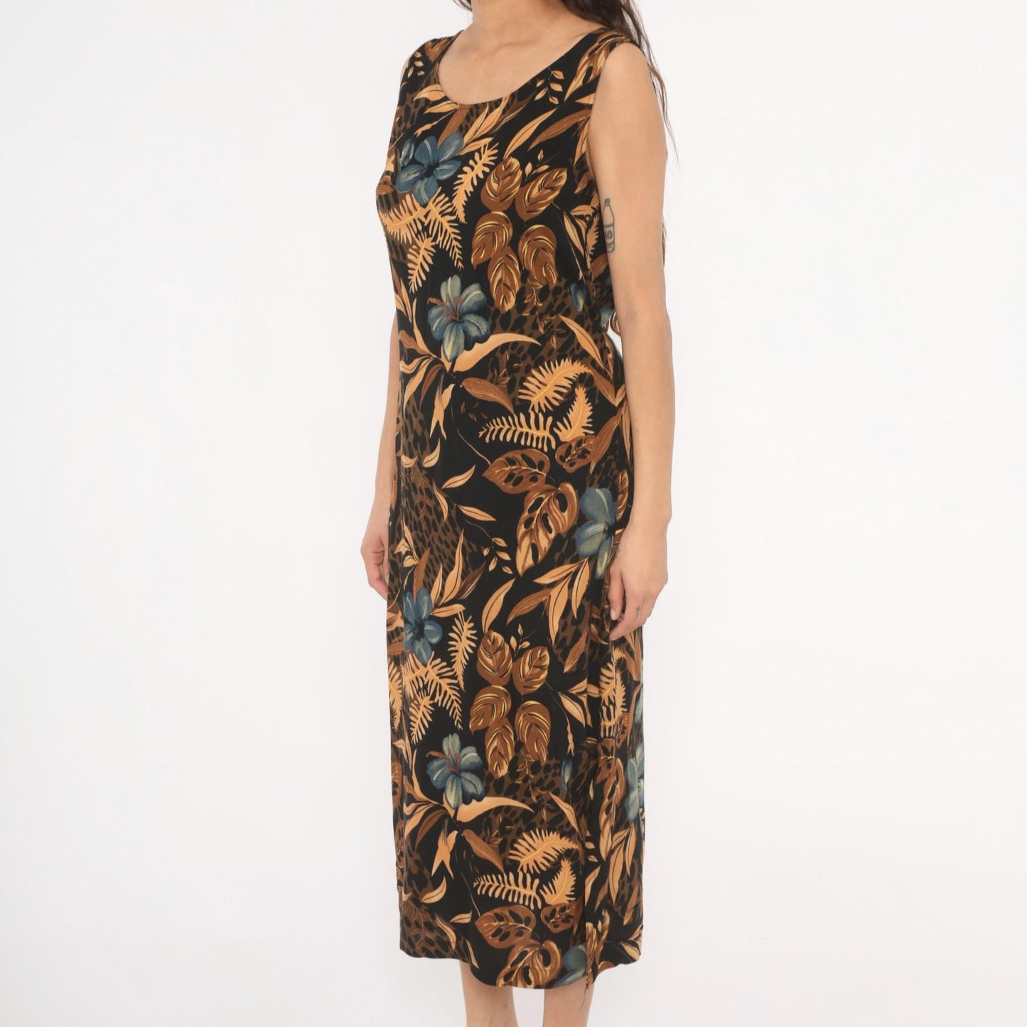 90s California Krush Tropical Floral Midi Dress Sleeveless Black Medium M