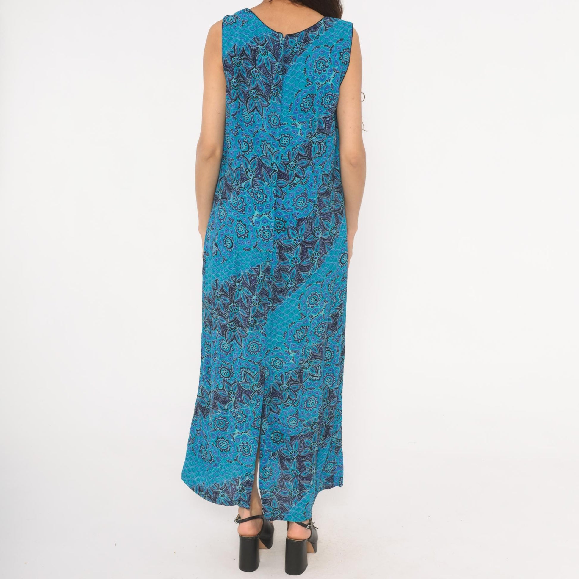 90s Sarah Elizabeth Batik Floral Maxi Dress Teal Navy Scoop Neck Tank Extra Large XL