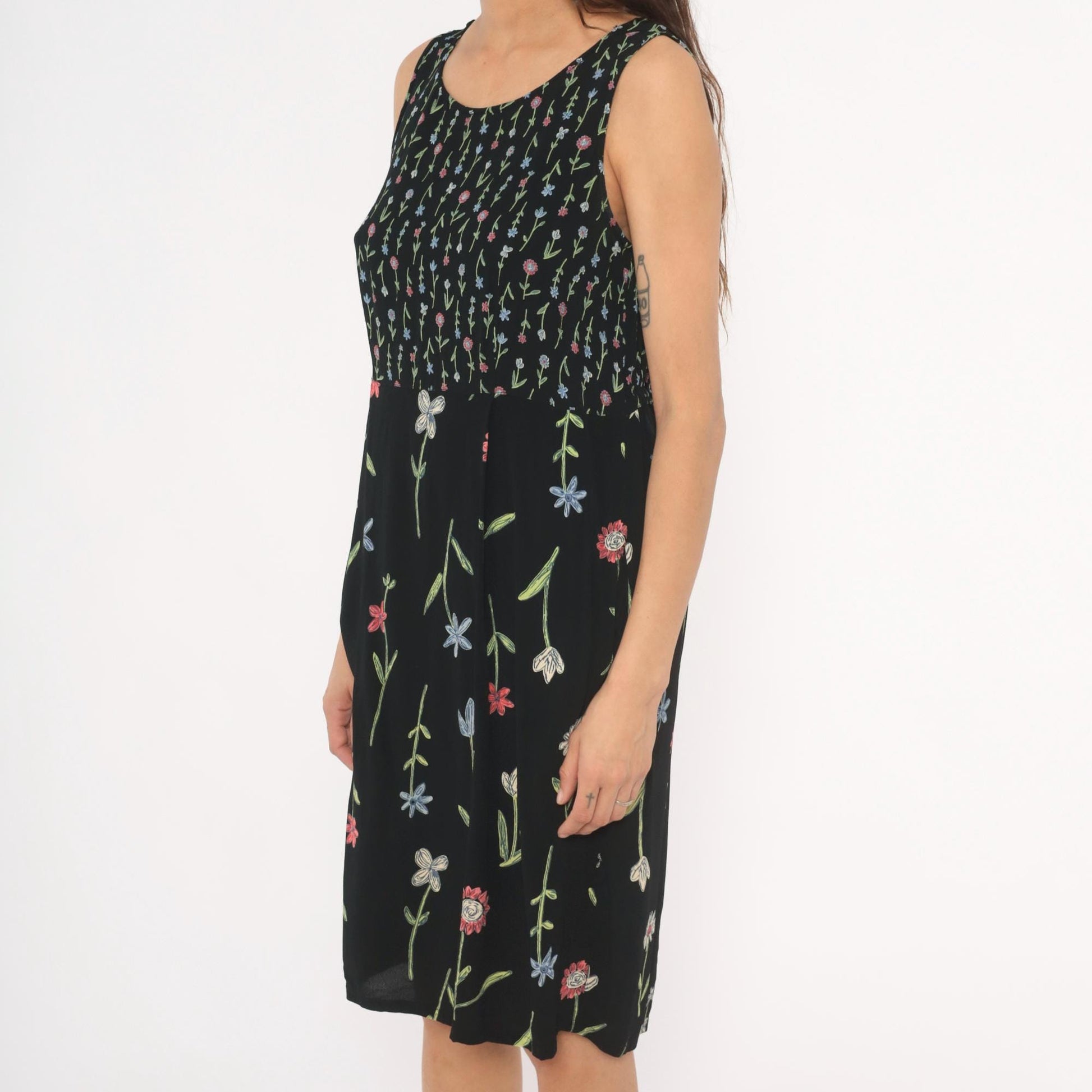 90s Putumayo Black Floral Sundress Knee Length Wildflower Embroidered Medium M