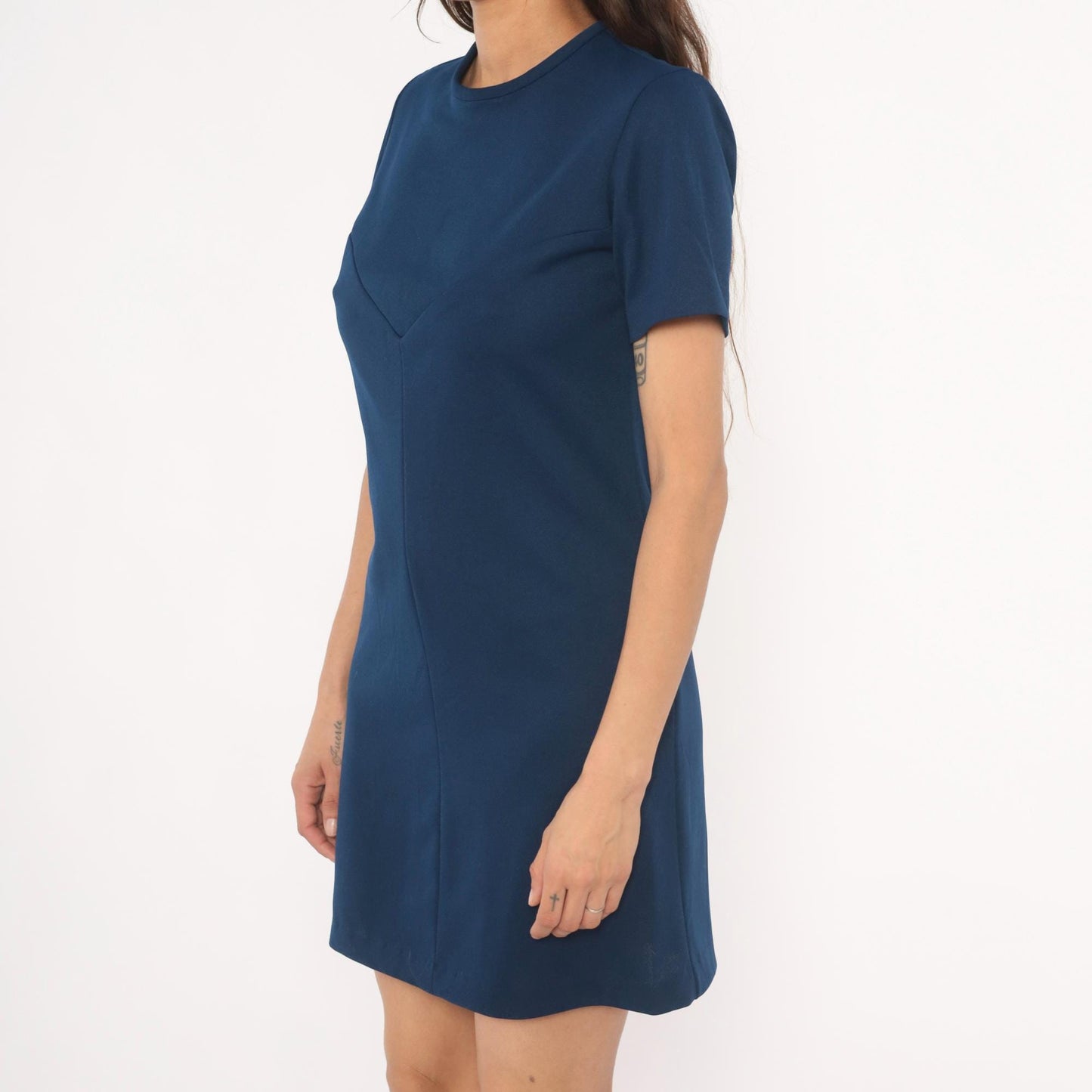 70s Navy Shift Dress Mini A-Line Short Sleeve Crew Neck Sears Knit Small S